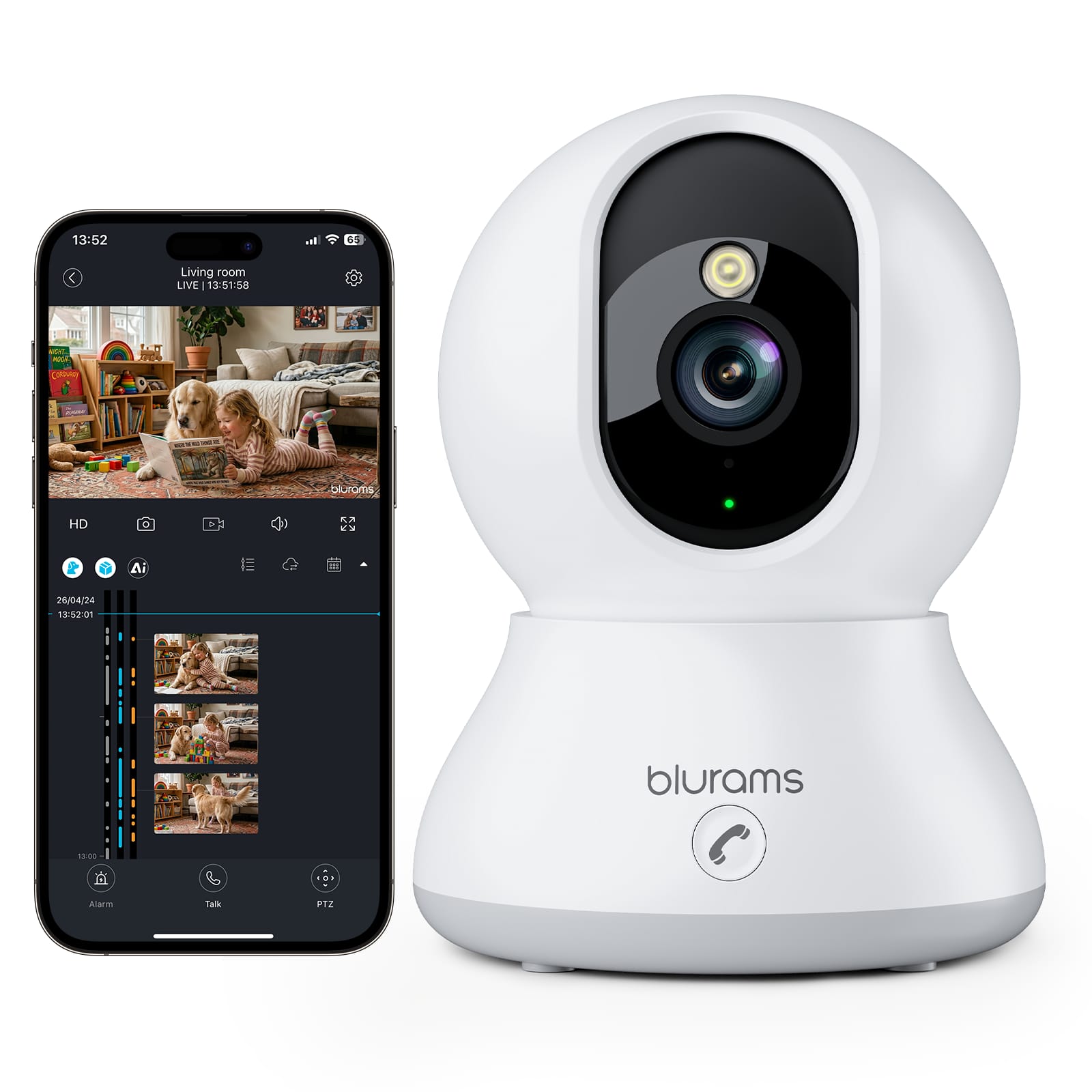 Blurams - 8MP Indoor PTZ Camera, Baby & Pet Monitor with Phone App, One-Touch Call, AI Detection, Dual-Band Wi-Fi 6, Alexa Compati - White