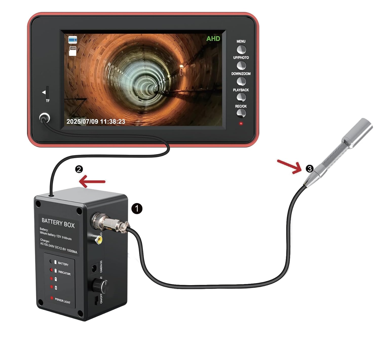 AHD MENU list  
UP/PHOTO  
DOWN/ZOOM  
PLAYBACK  
REC/OK  

2025/07/09 11:38:23  

BATTERY BOX  
Battery: Lithium battery 12V 500mAh  
Charger: AC100-240V DC12.8V 1000mA  

BATTERY  
INDICATOR  
POWER LIGHT  

1  
2  
3