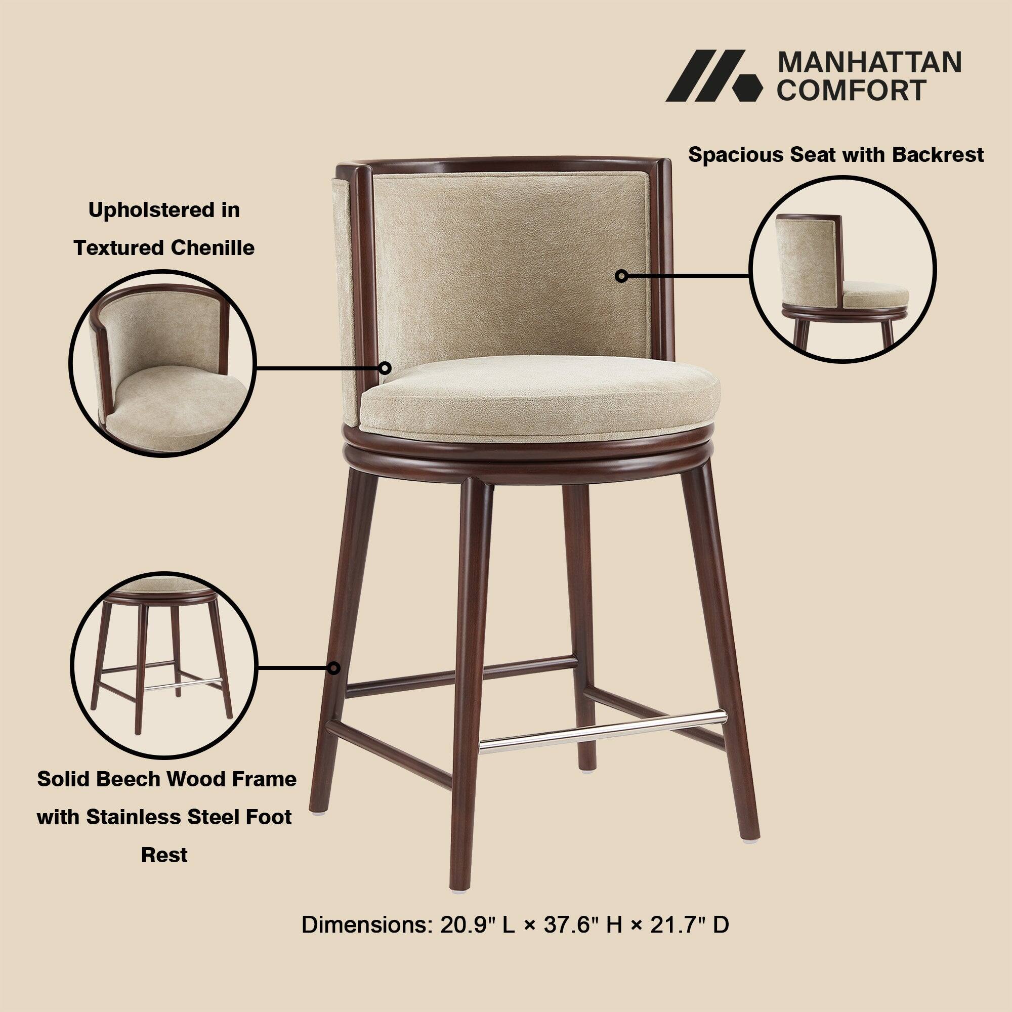 MANHATTAN COMFORT

Spacious Seat with Backrest

Upholstered in Textured Chenille

Solid Beech Wood Frame with Stainless Steel Foot Rest

Dimensions: 20.9" L x 37.6" H x 21.7" D