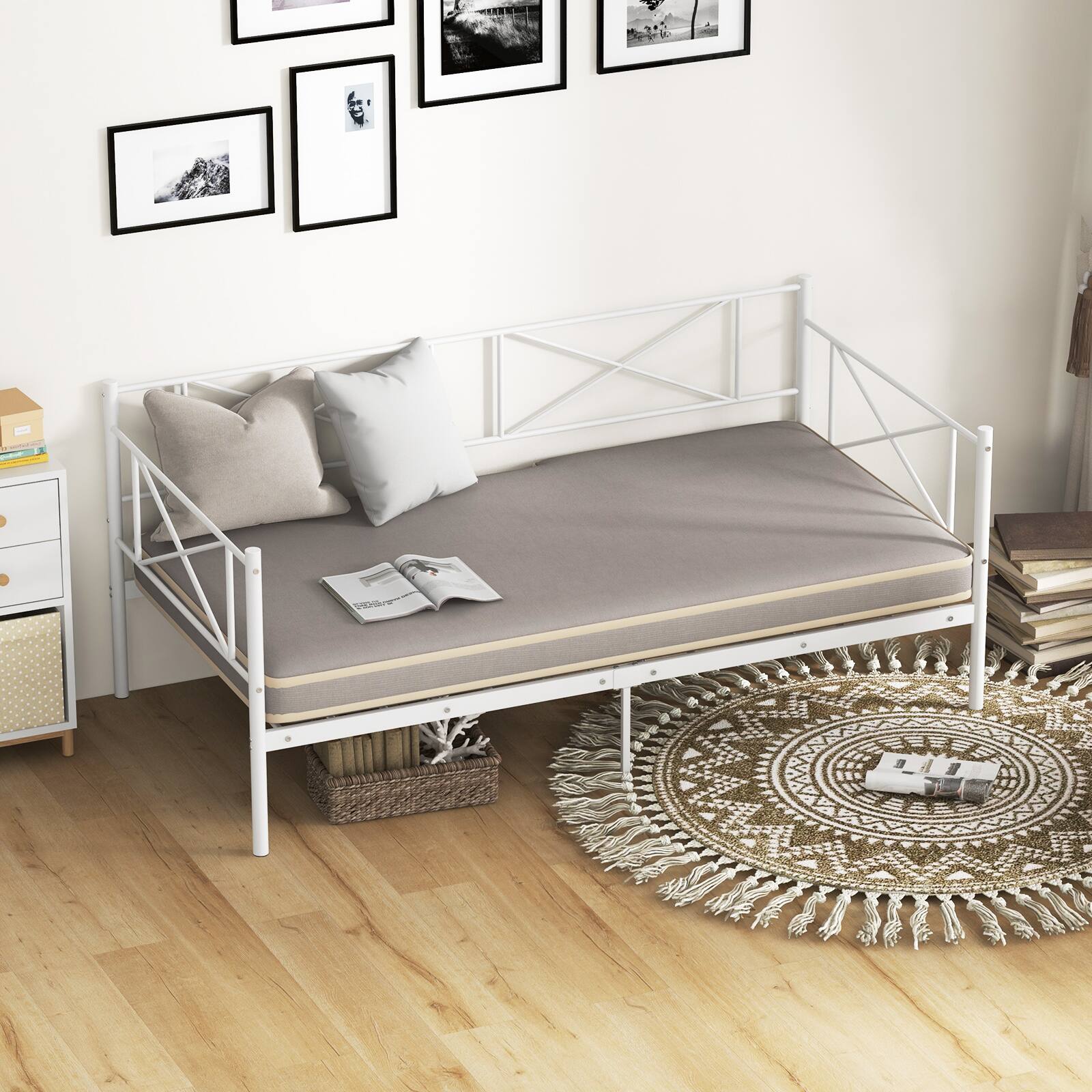 Alt View 3. Costway - Costway Twin Size Metal Daybed Frame Home Modern 2-in-1 Sofa Bed with Under-bed Storage & Railings - White.