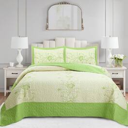MarCielo - 3 Piece Queen Size Embroidery Quilt Set Lightweight Bedspread Set Queen - Green and Cream