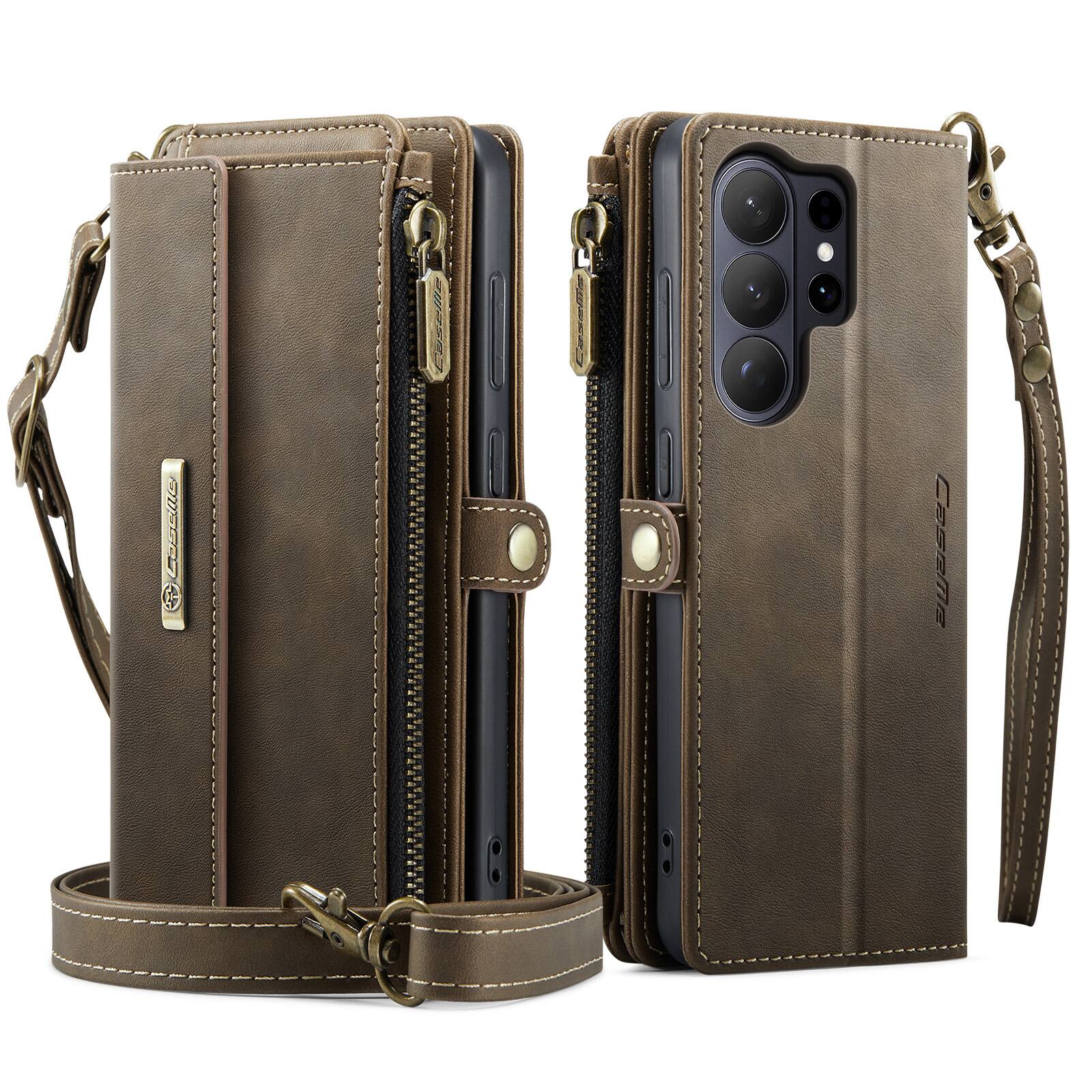 Alt View 8. UUCOVER - Folio Wallet Case for Samsung Galaxy S26 Ultra with RFID Blocking Card Slots Cash Holder, Zipper Pocket, Crossbody Strap - Coffee.