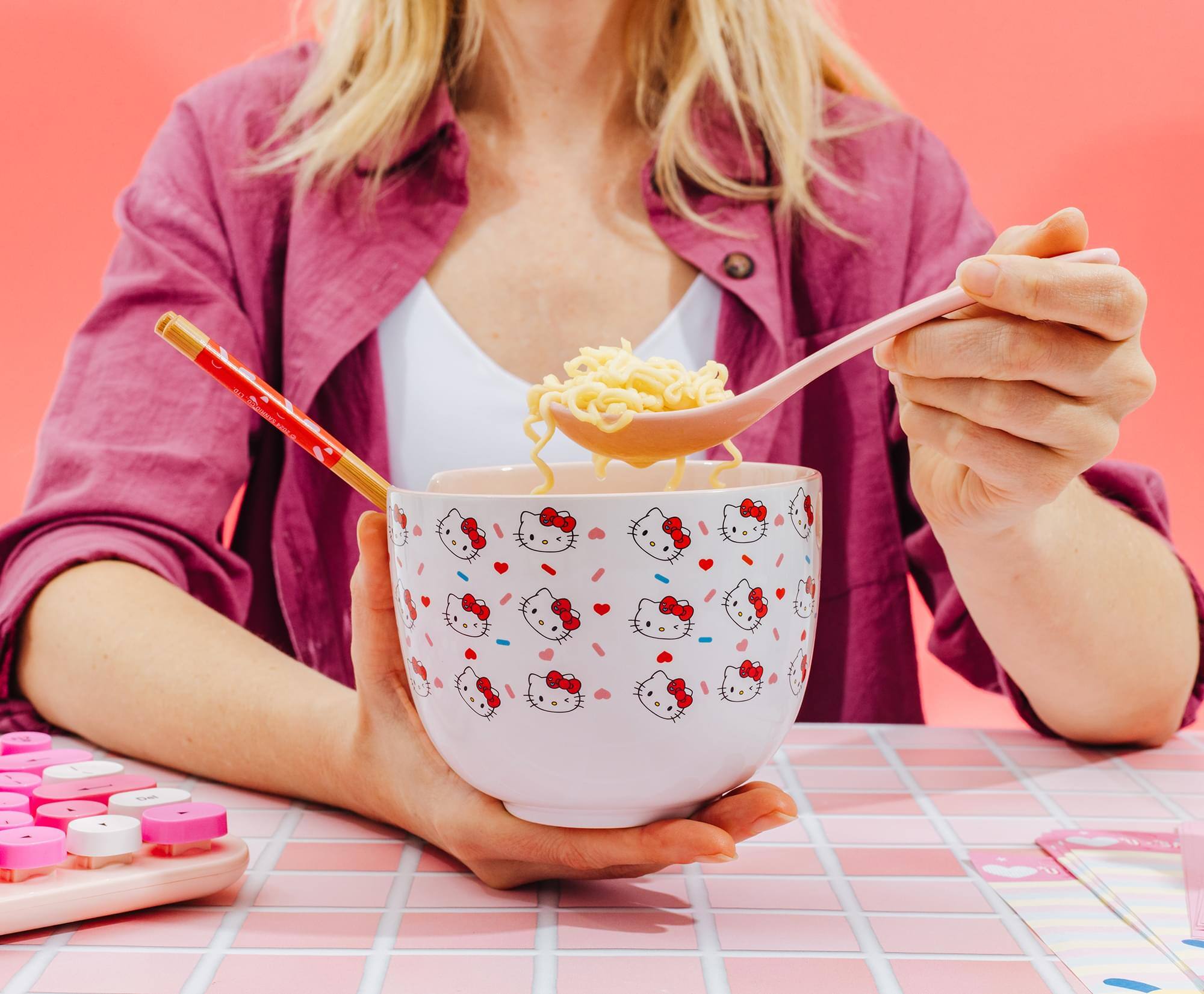 Alt View 3. Silver Buffalo - Sanrio Hello Kitty Sprinkles 20-Ounce Ramen Bowl, Chopsticks, and Spoon Set - Multi-Colored.