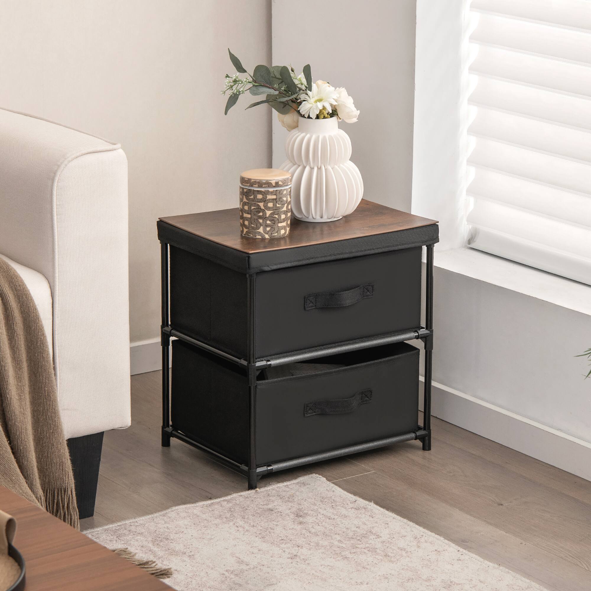 Alt View 13. Costway - 2PCS Fabric Bedside Table 2 Drawers Nightstand Small Dresser Bedroom Living Room - Black/Rustic Brown.