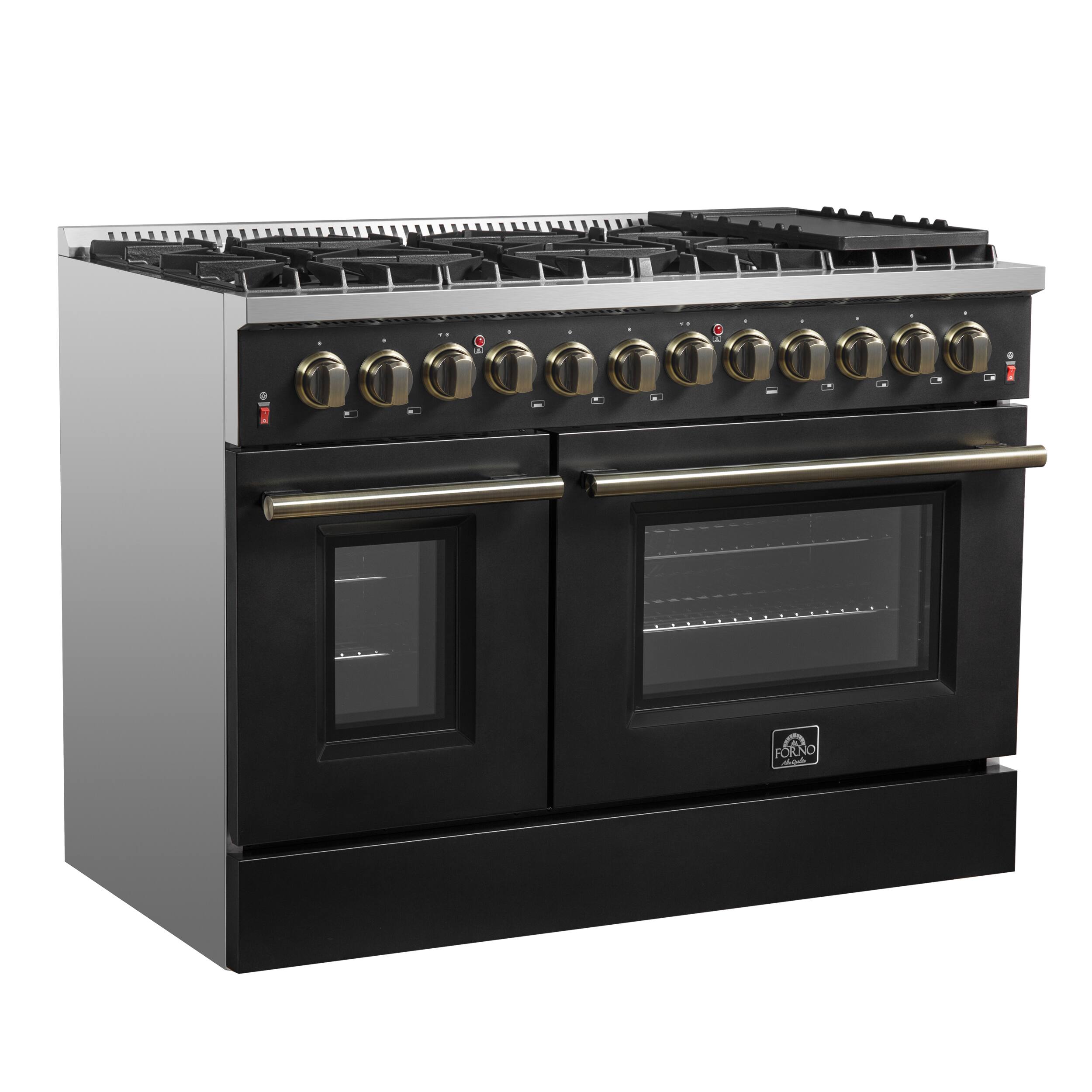 Left. Forno Appliances - Galiano 6.58 Cu. Ft. Freestanding Dual Fuel Range with Convection Oven and Griddle - Black Door.