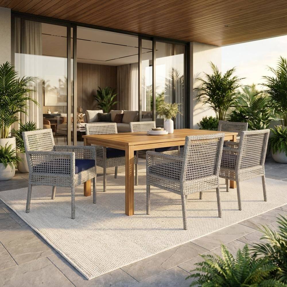 Angle. Outdoor Escape - Outdoor Patio Rattan Armchair Set of 4 with Cushioned Seats for Lounge Dining - Gray Navy.
