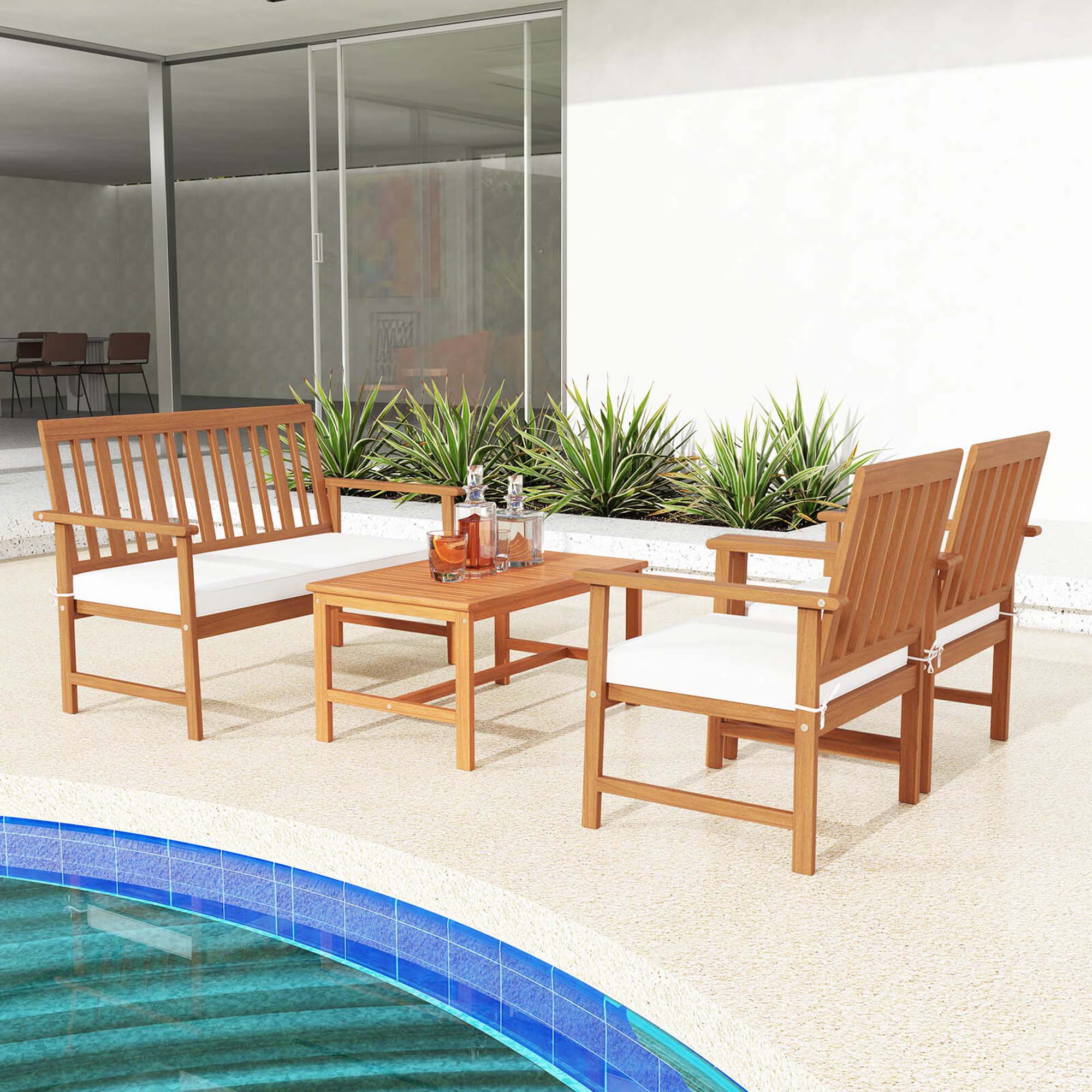 Alt View 3. Costway - Costway 4 PCS Acacia Wood Furniture Set Coffee Table & 2 Armchairs with Seat Cushions - Off White,Natural.