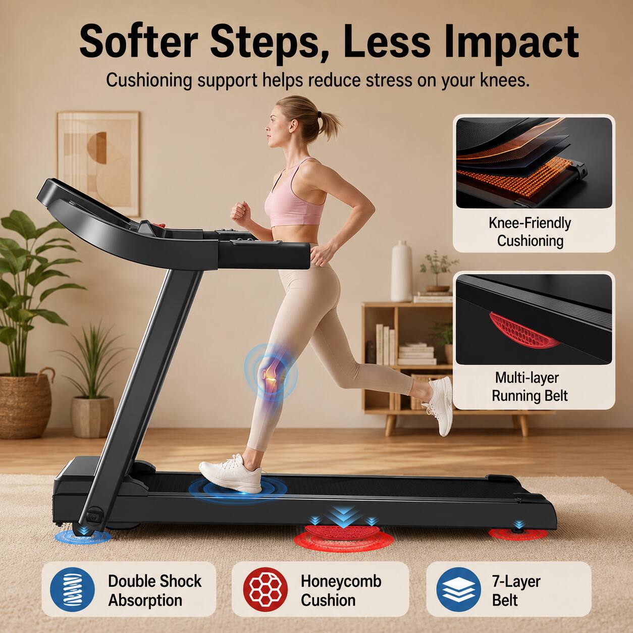 Softer Steps, Less Impact  
Cushioning support helps reduce stress on your knees.  

Knee-Friendly Cushioning  
Multi-layer Running Belt  
Double Shock Absorption  
Honeycomb Cushion  
7-Layer Belt