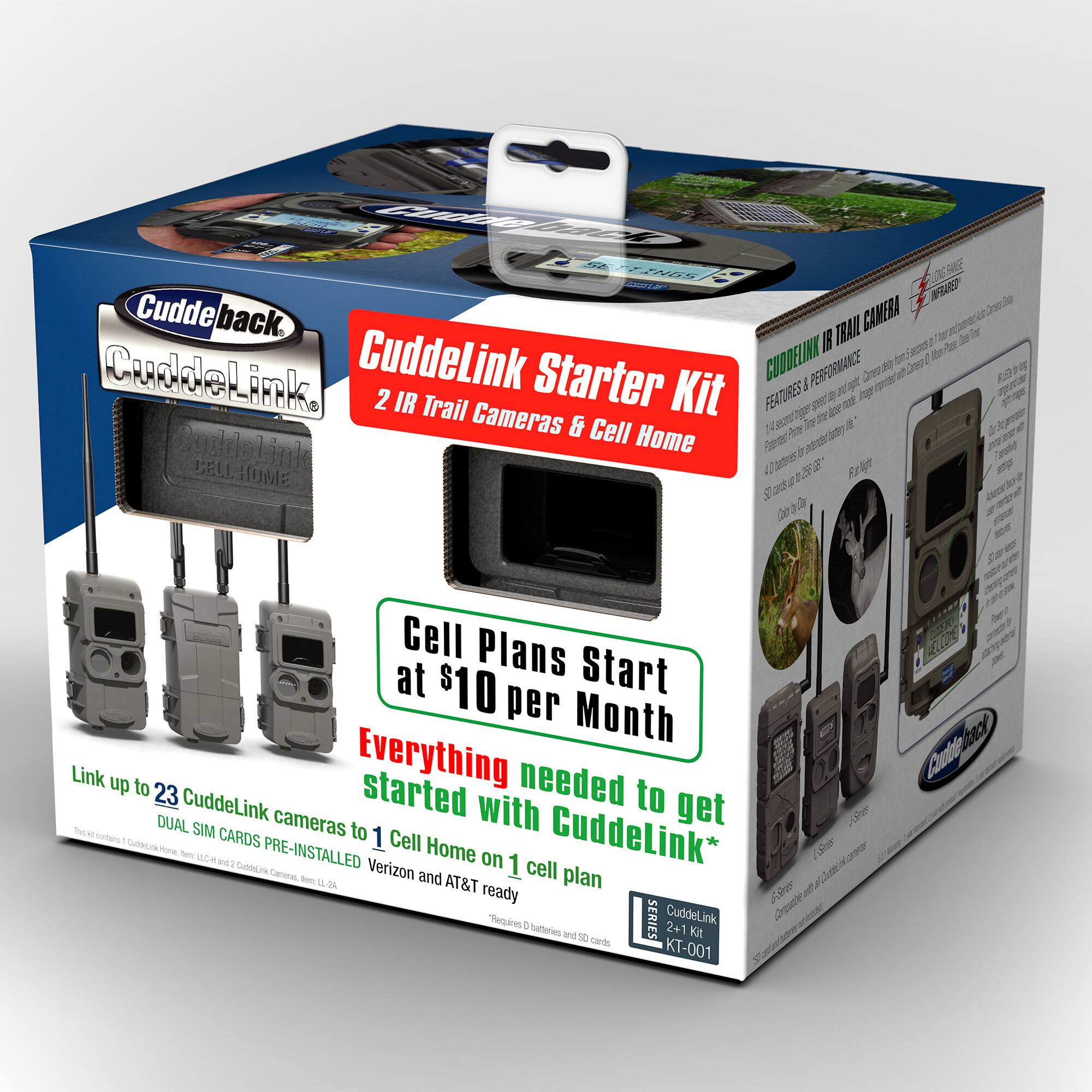 CuddeLink Starter Kit  
2 IR Trail Cameras & Cell Home  

Cell Plans Start at $10 per Month  

Everything needed to get CuddeLink*  

Link up to 23 CuddeLink cameras to 1 Cell Home on 1 cell plan  

DUAL SIM CARDS PRE-INSTALLED Verizon and AT&T ready  

CuddeLink Performance  
- 1/4 Second Trigger Time  
- 40 Meters Detection Range  
- 50 Shots per SD Card  
- 1080p Video  

Features:  
- 2 IR Trail Cameras  
- Cell Home  
- Dual Sim Cards  

CuddeLink 2+1 Kit  
KT-001  

*Requires a cell plan