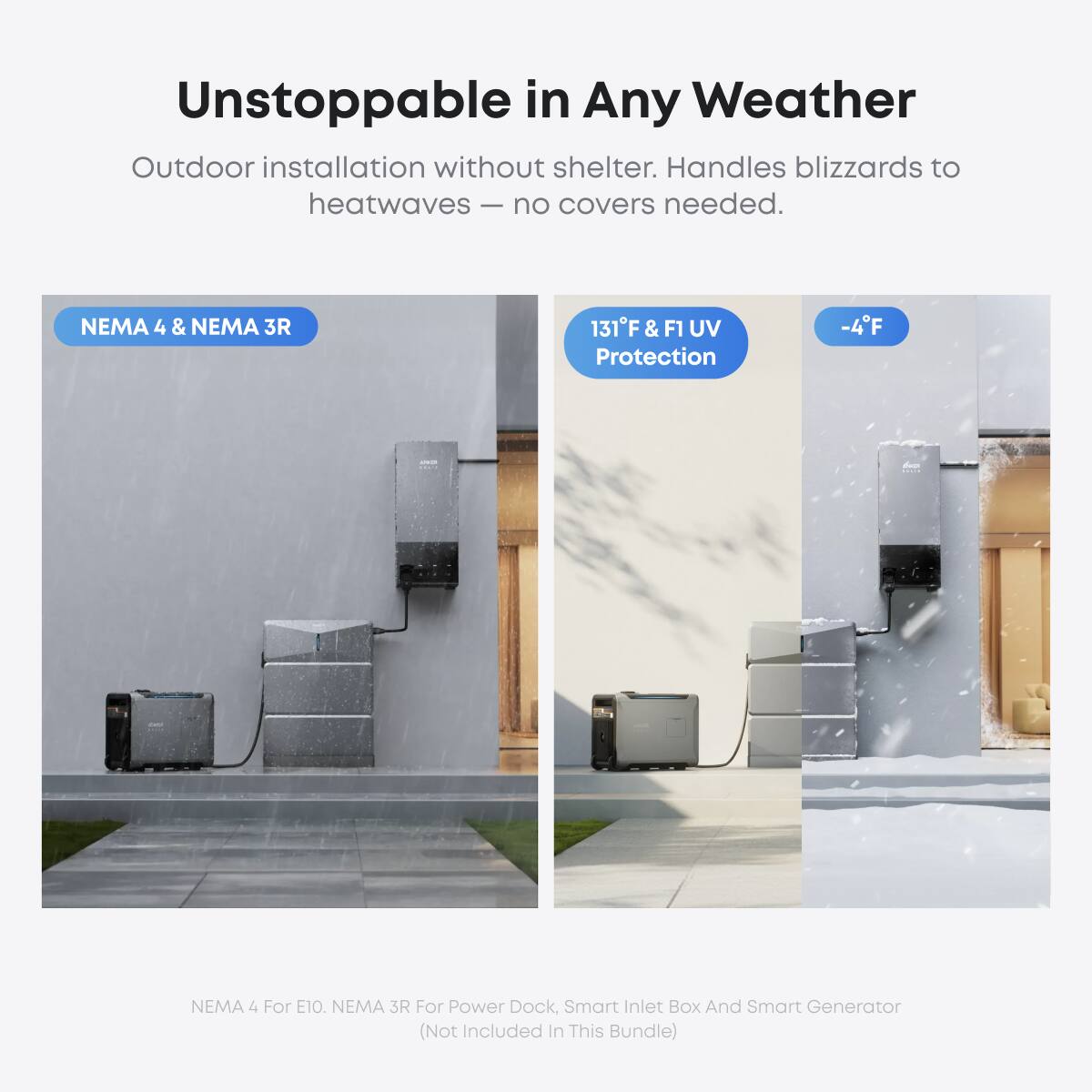 Unstoppable in Any Weather

Outdoor installation without shelter. Handles blizzards to heatwaves — no covers needed.

NEMA 4 & NEMA 3R

131°F & F1 UV Protection

-4°F

NEMA 4 For E10. NEMA 3R For Power Dock, Smart Inlet Box And Smart Generator (Not Included In This Bundle)