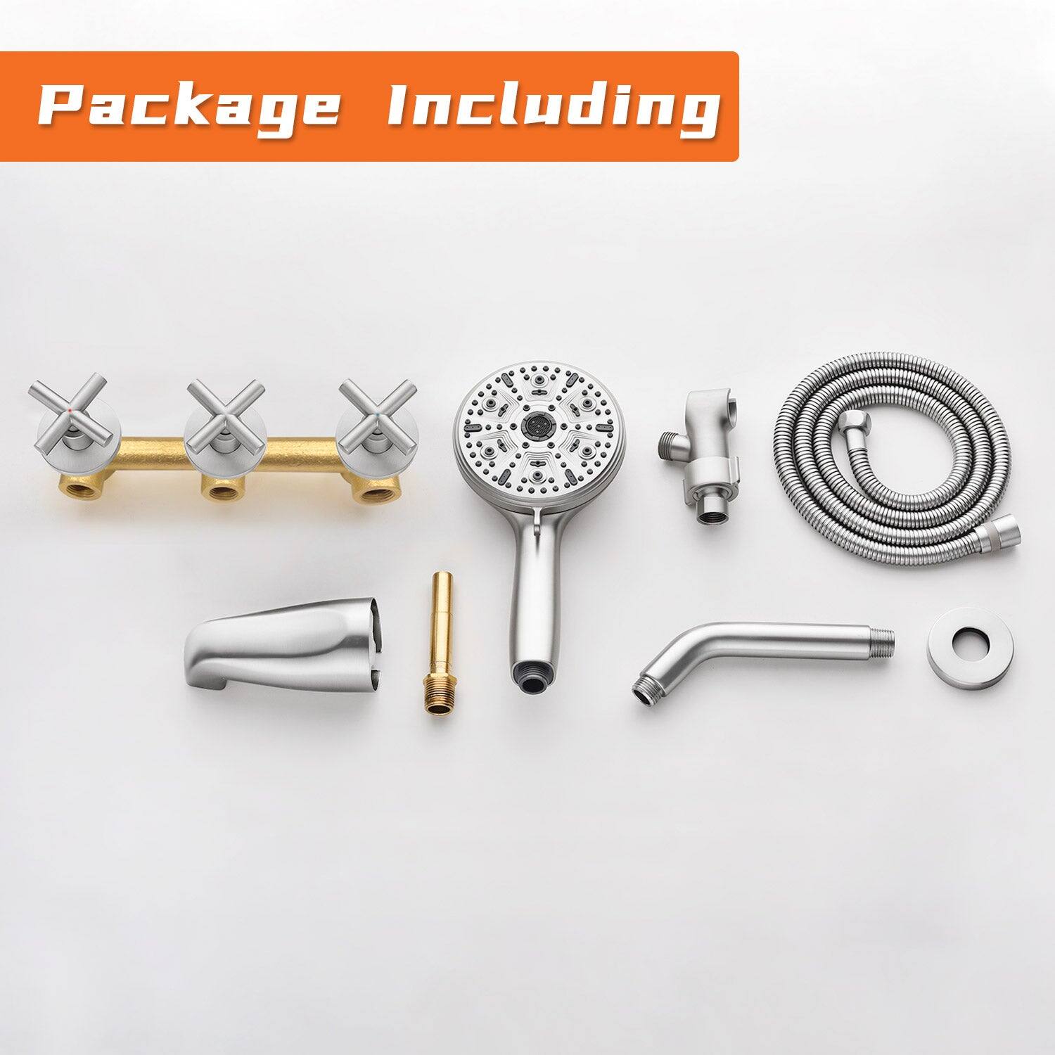 Package Including

- Showerhead
- Handheld showerhead
- Hose
- Shower arm
- Faucet
- Faucet handles
- Faucet spout
- Faucet aerator
- Faucet adapter
- Faucet cover