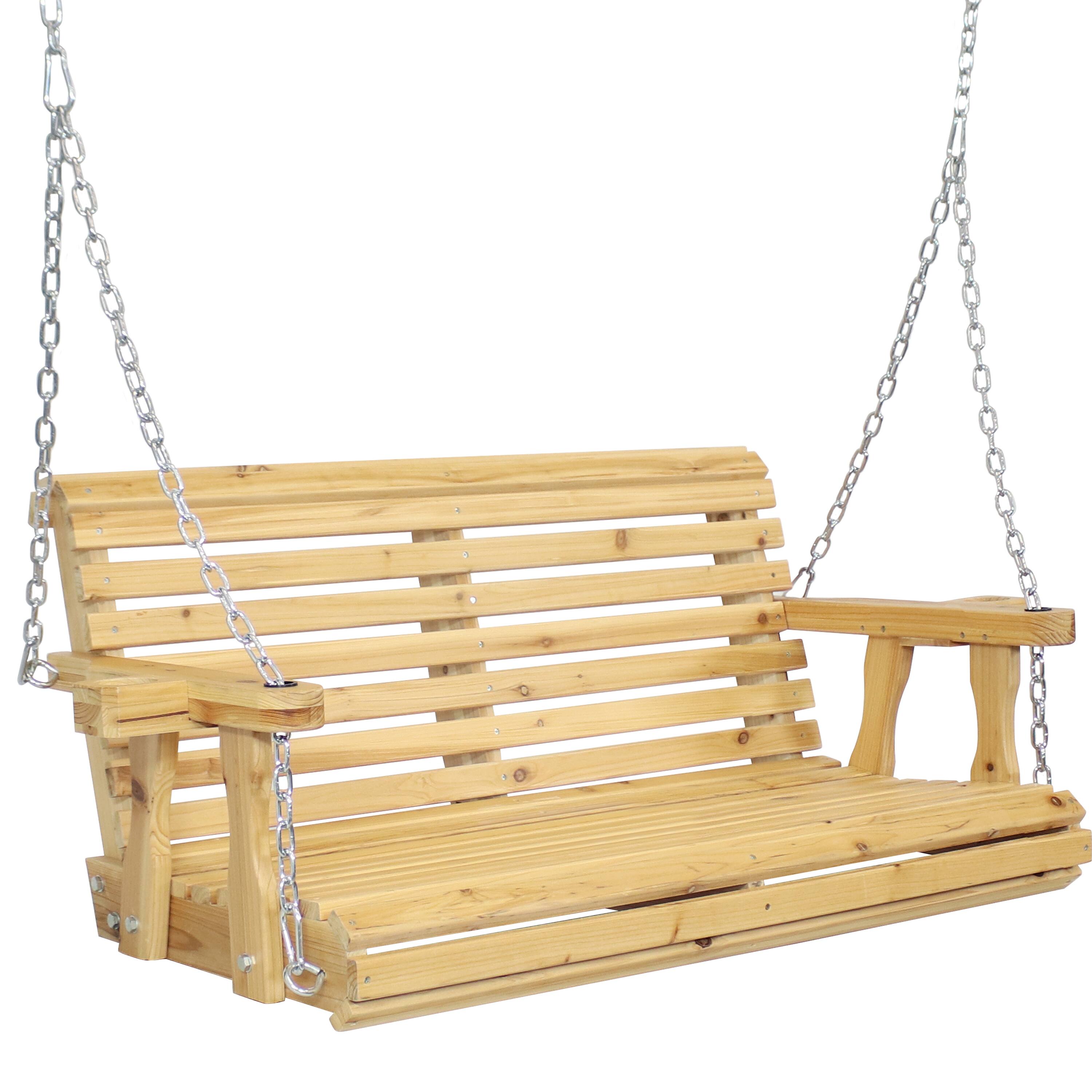 Front. Sunnydaze - 2-Person Wooden Porch Swing with Armrests/Chains - Traditional - Natural.