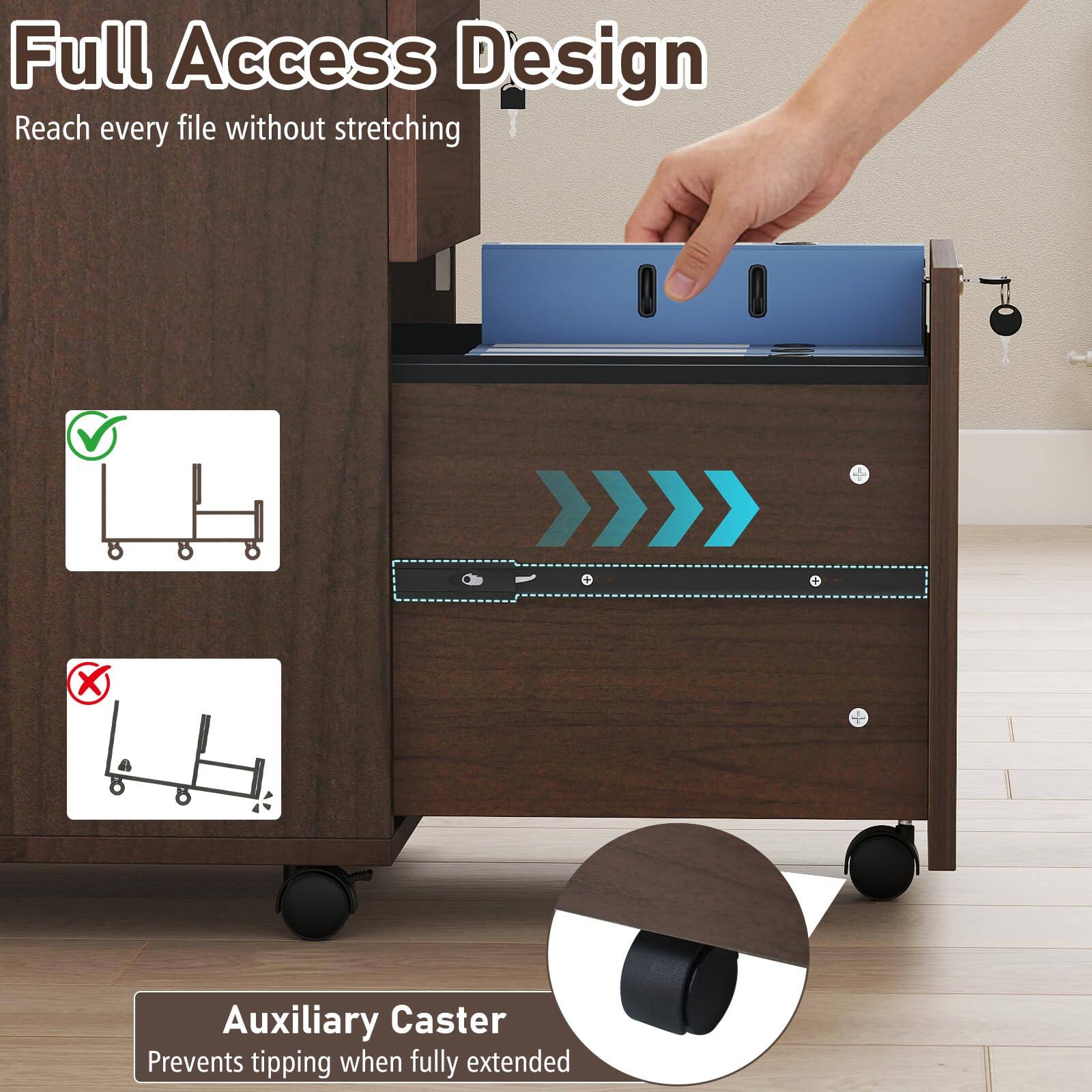 Full Access Design  
Reach every file without stretching  

Auxiliary Caster  
Prevents tipping when fully extended