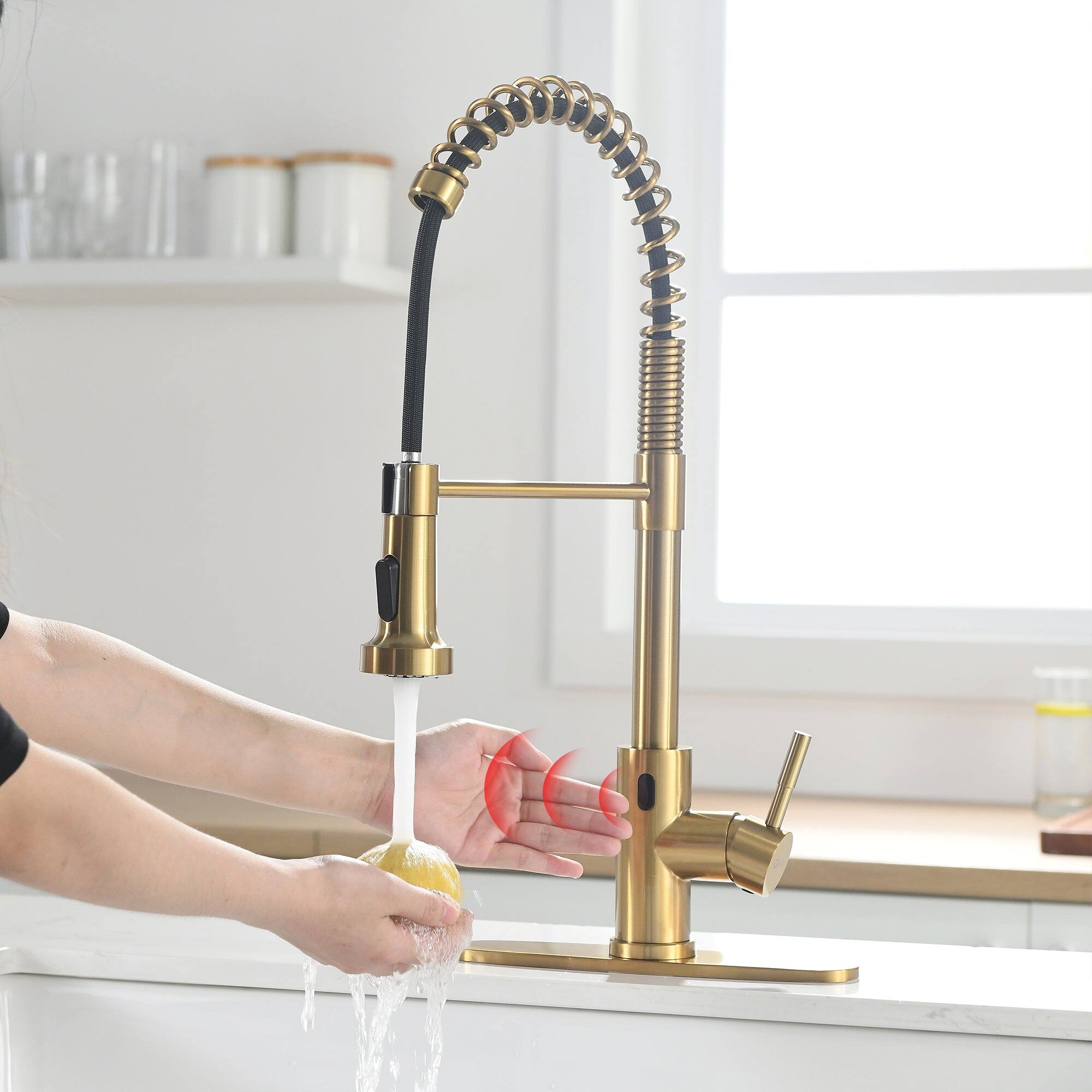 Alt View 9. Boyel Living - Brushed Gold 2 Spray Patterns Single Handle Touchless Pull Down Kitchen Faucet with Deckplate Included - Brushed Gold.