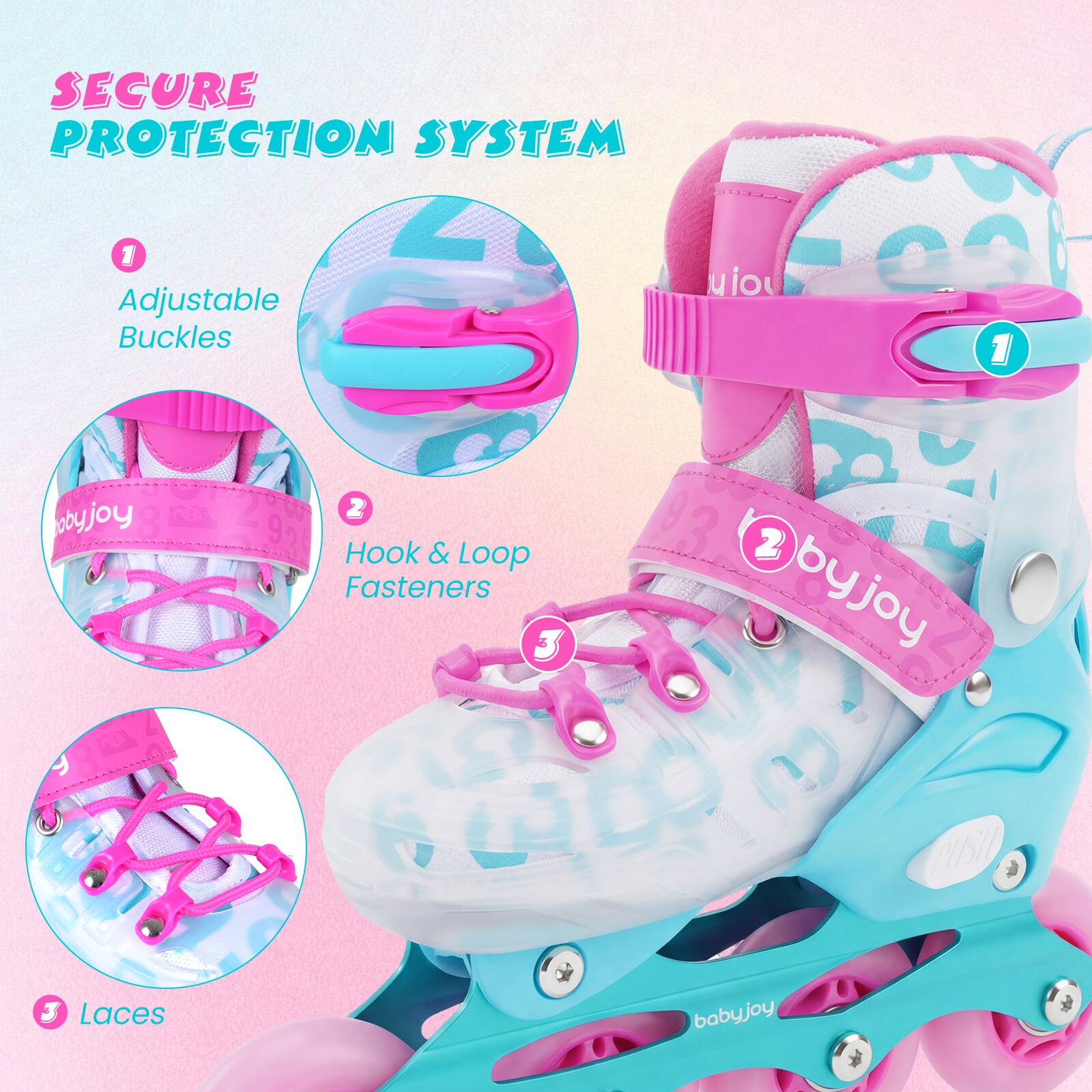 SECURE PROTECTION SYSTEM

1. Adjustable Buckles
2. Hook & Loop Fasteners
3. Laces

byjoy