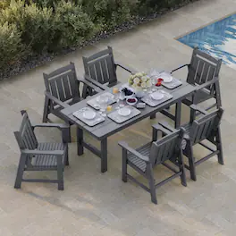 Fortune Candy - HDPE Patio Dining Set, 7-Piece Poly Lumber Table & Chairs with Umbrella Hole, Weather-Resistant for Porch Yard Garden - Gray