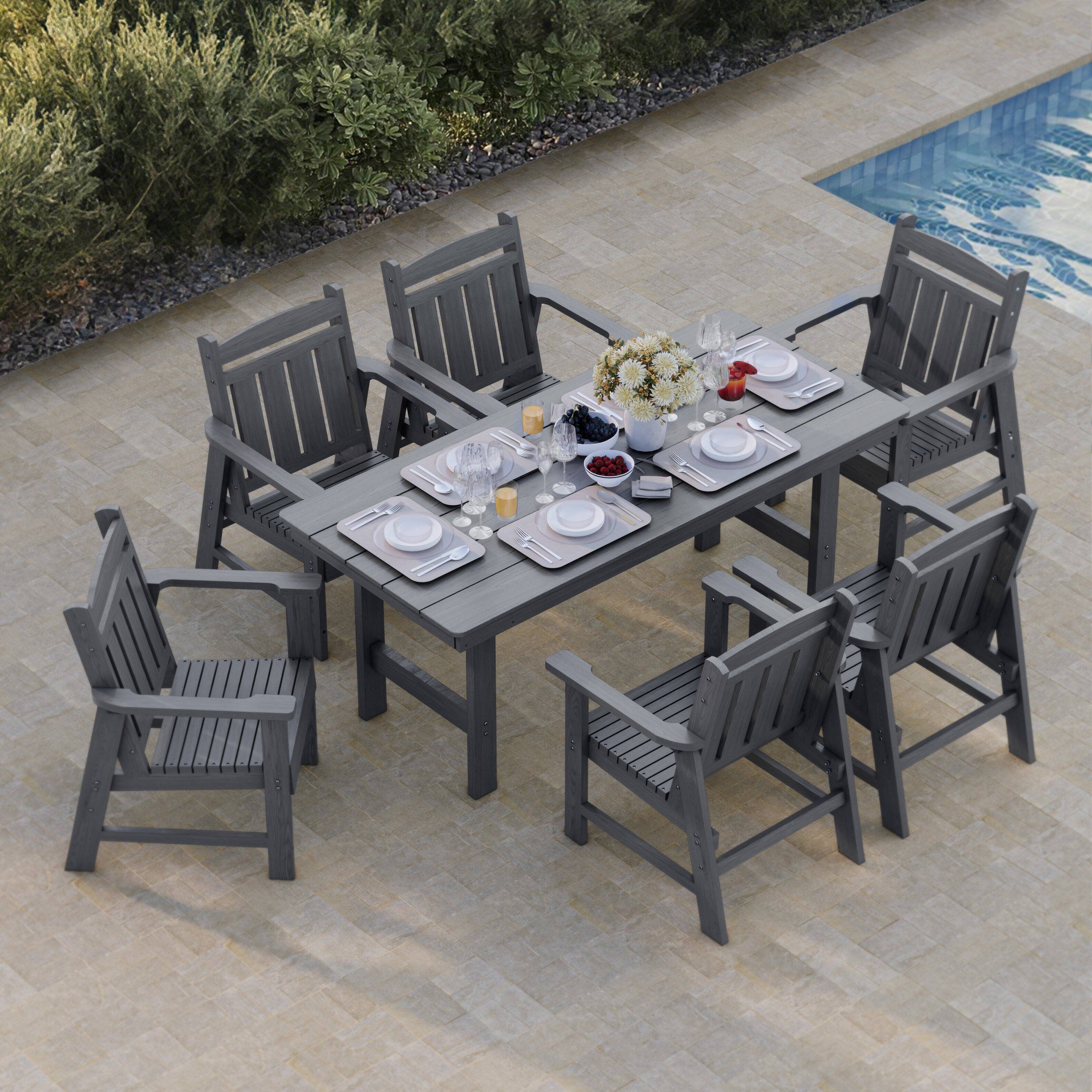 Angle. Fortune Candy - Modern HDPE Patio Dining Set, 7-Piece Poly Lumber Table & Chairs with Umbrella Hole, Weather-Resistant for Yard & Lawn - Gray.