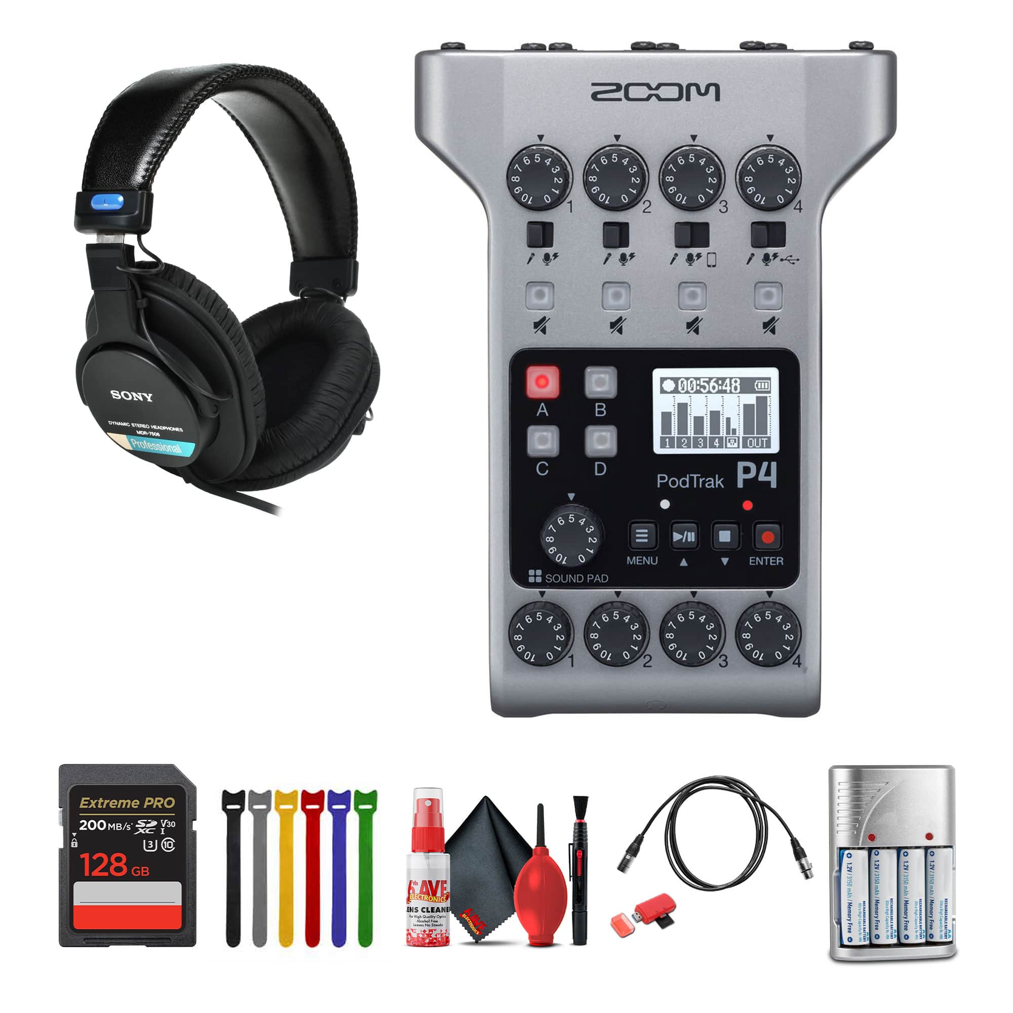 Zoom - PodTrak P4 Portable Podcast Recorder + Headphones, Bundle