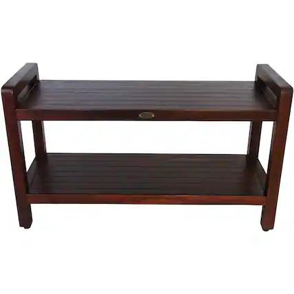 Front. DecoTeak - DecoTeak Eleganto 35"L Teak Wood Shower Bench with LiftAide Arms and Shelf in Woodland Brown Finish - Woodland Brown.