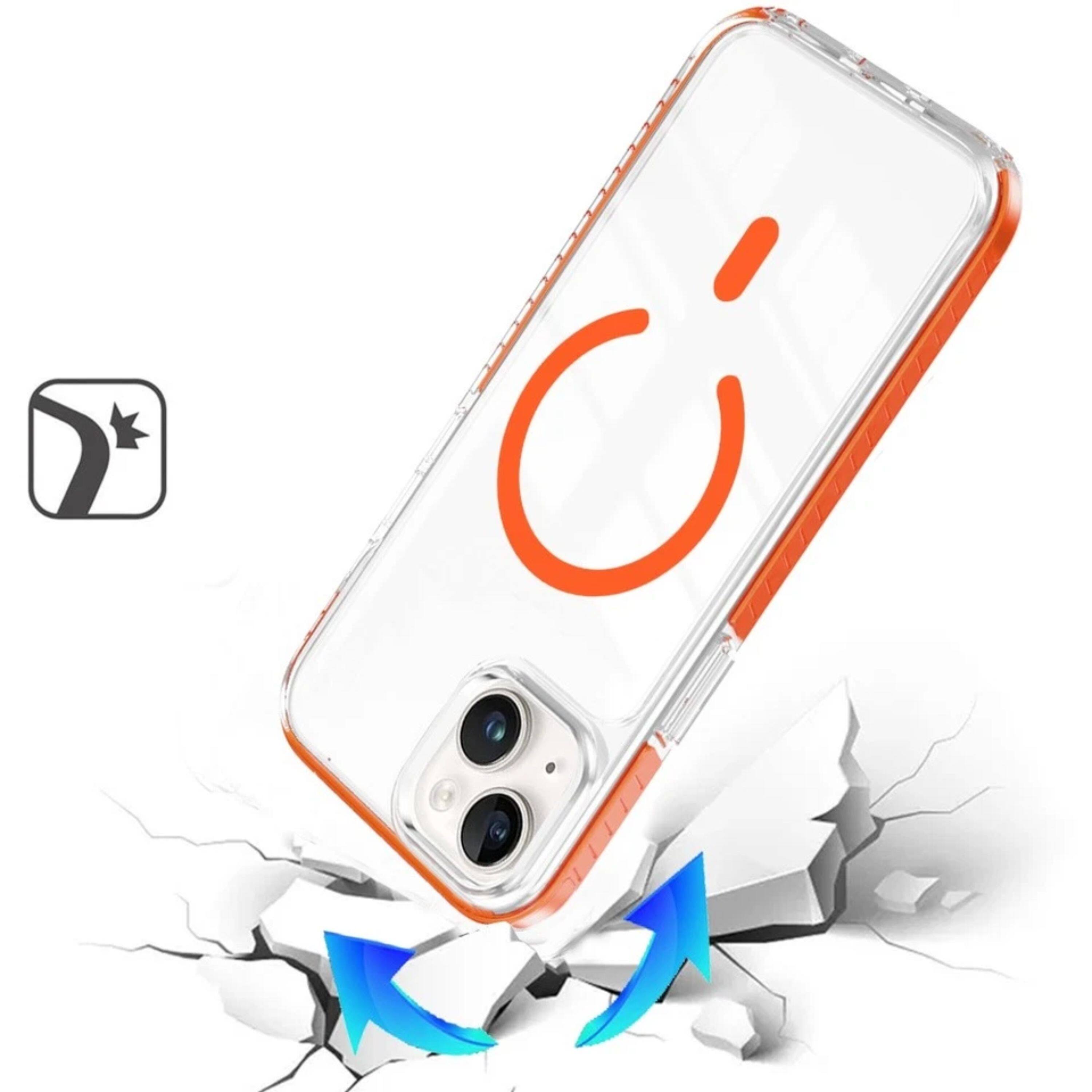 Left. Kitcheniva - Magnetic Circle With Colored Edge Trim Plus Tempered Glass For iPhone 13/14 Clear/Cosmic Orange - Cosmic Orange.