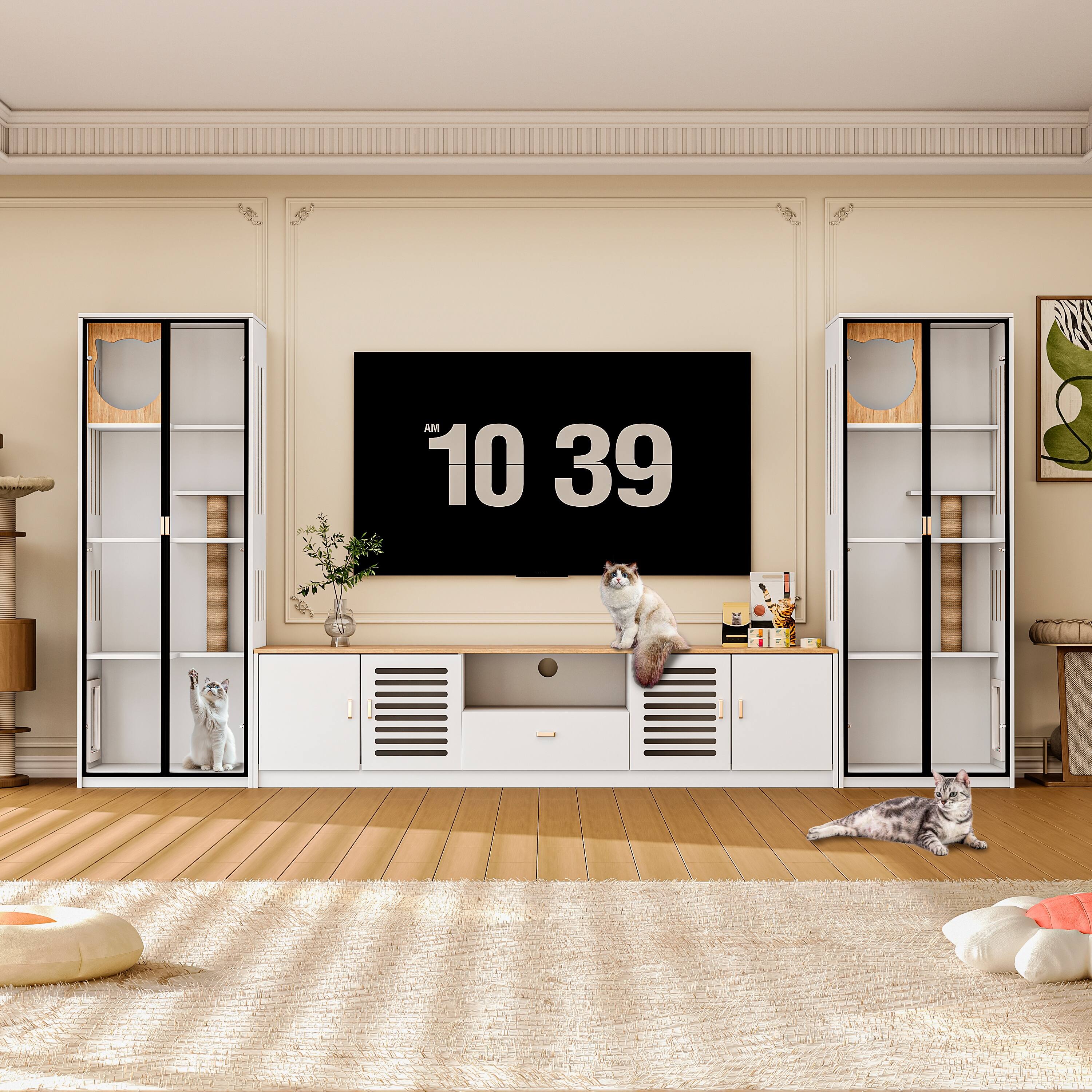 Alt View 1. MSOOB - 118" Entertainment Center, Hidden Furniture Style Cat Litter Box Enclosure, Included TV Stand and Glass Cat House - White.