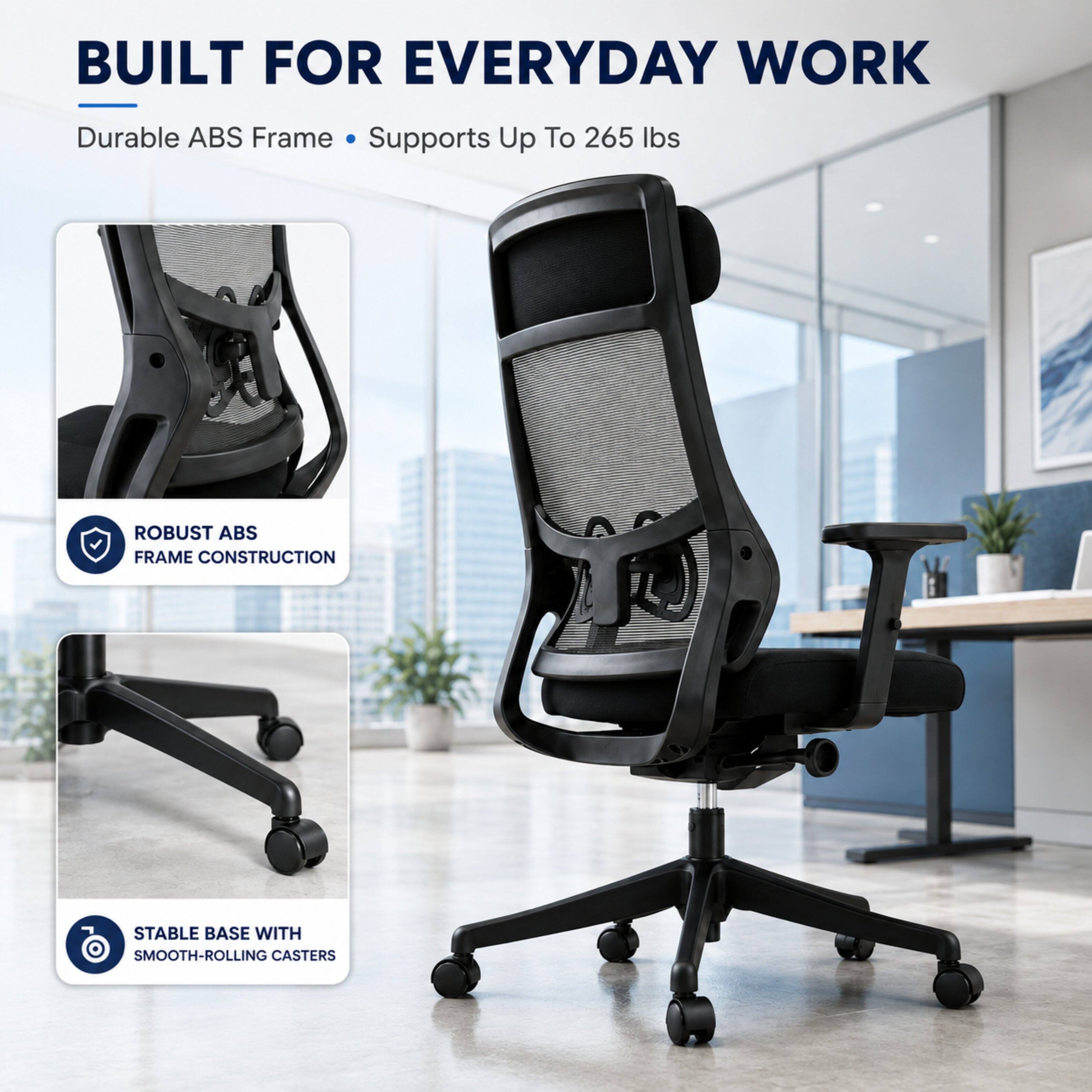BUILT FOR EVERYDAY WORK  
Durable ABS Frame Supports Up To 265 lbs  
ROBUST ABS FRAME CONSTRUCTION  
STABLE BASE WITH SMOOTH-ROLLING CASTERS