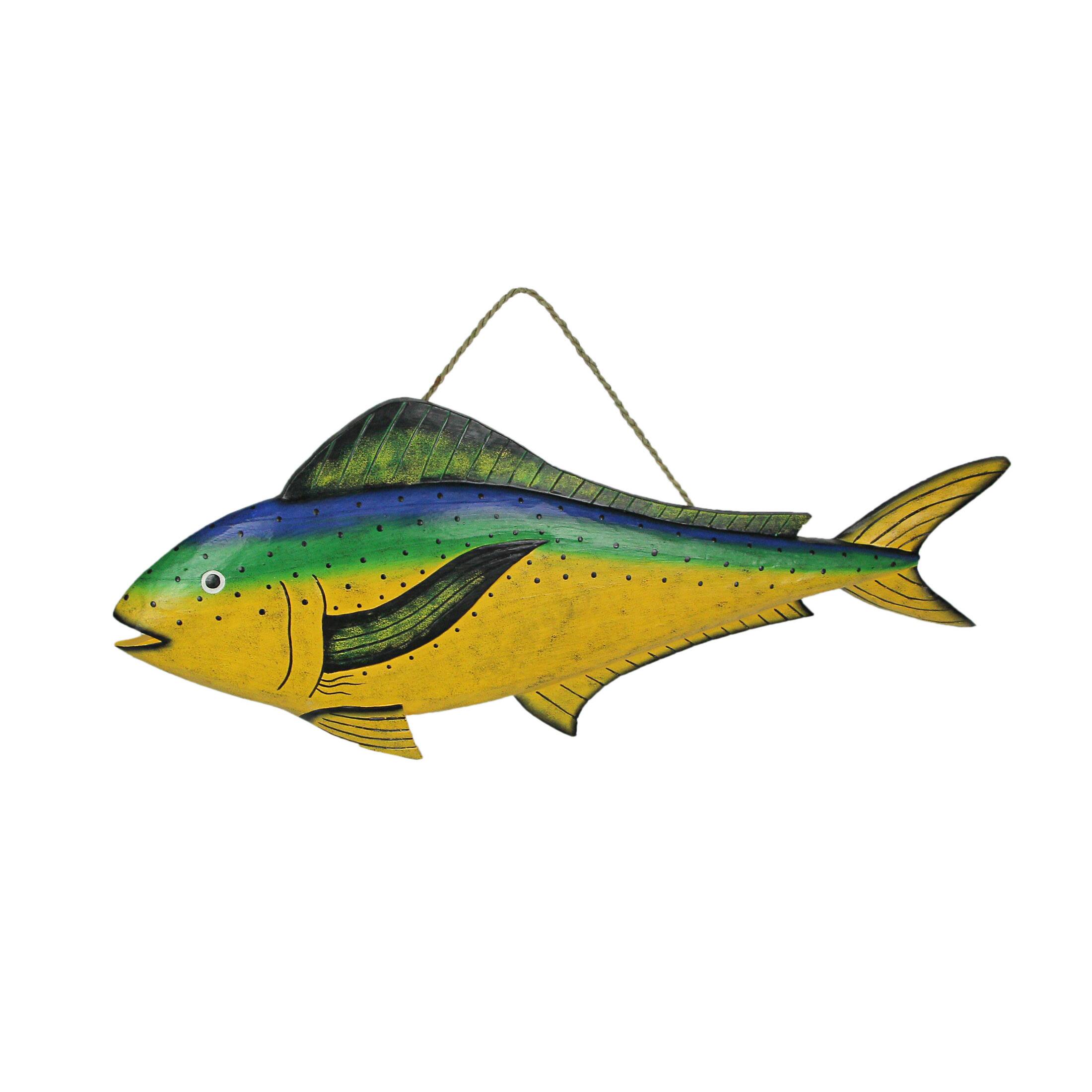 Front. J.D. Yeatts - 32 Inch Hand-Carved Wooden Mahi Mahi Sculpture Wall Hanging Dolphin Fish Art - Multicolored.