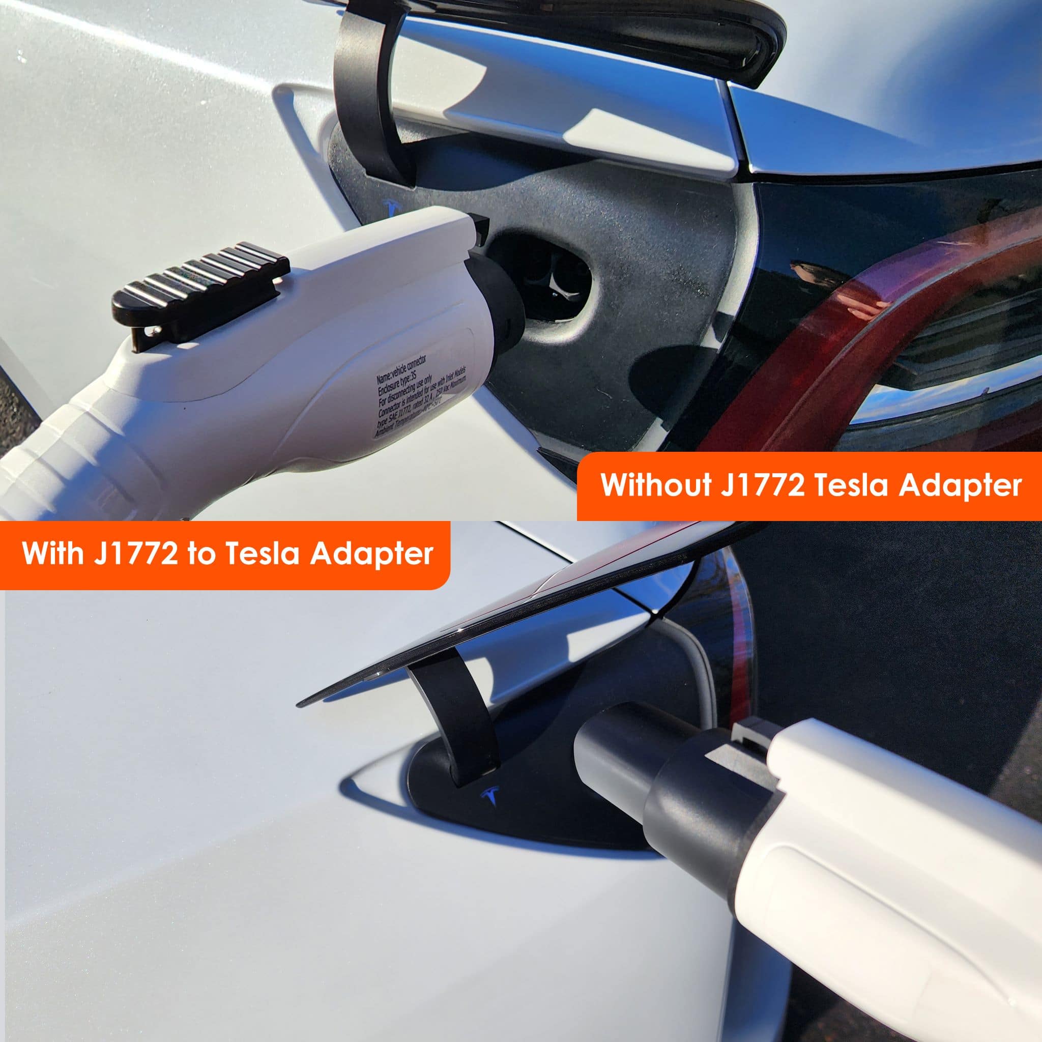 - Acetch 2
- daa
- 2
- Clor 1 2a N
- CIND 2
Without J1772 Tesla Adapter
With J1772 to Tesla Adapter