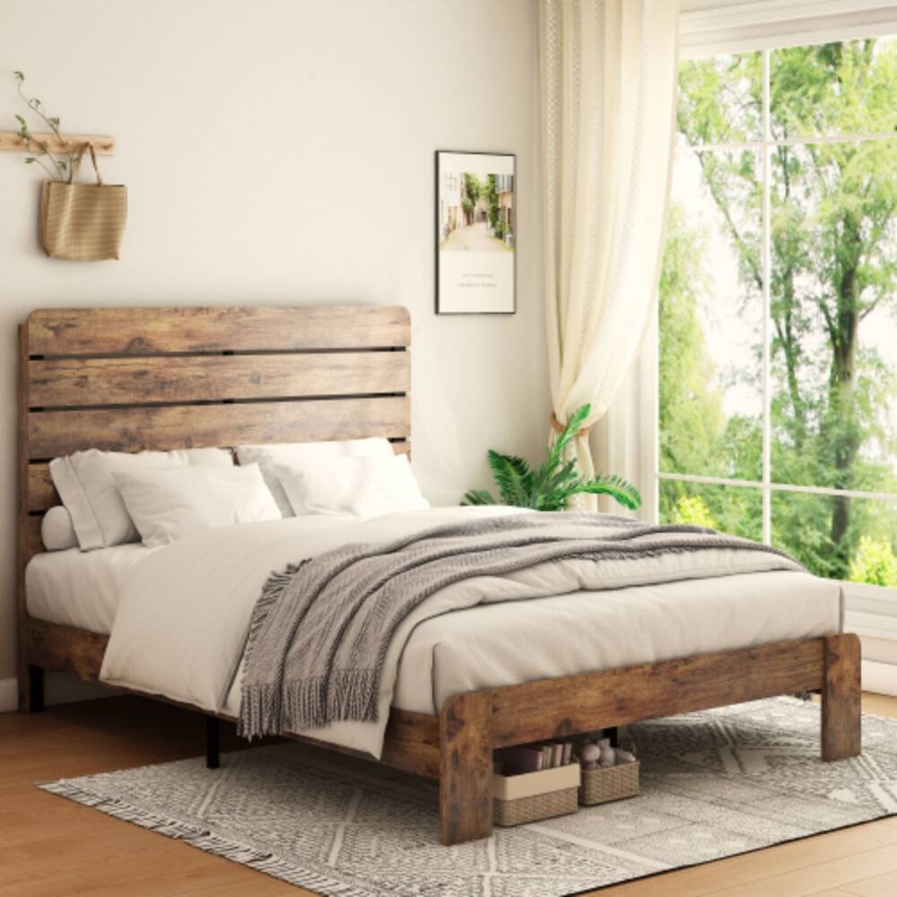 Angle. LUCKY ONE - Queen Size Wood Platform Bed Frame with Metal Frame, Industrial Style, Wood Slats, No Box Spring Needed - Dark Brown.