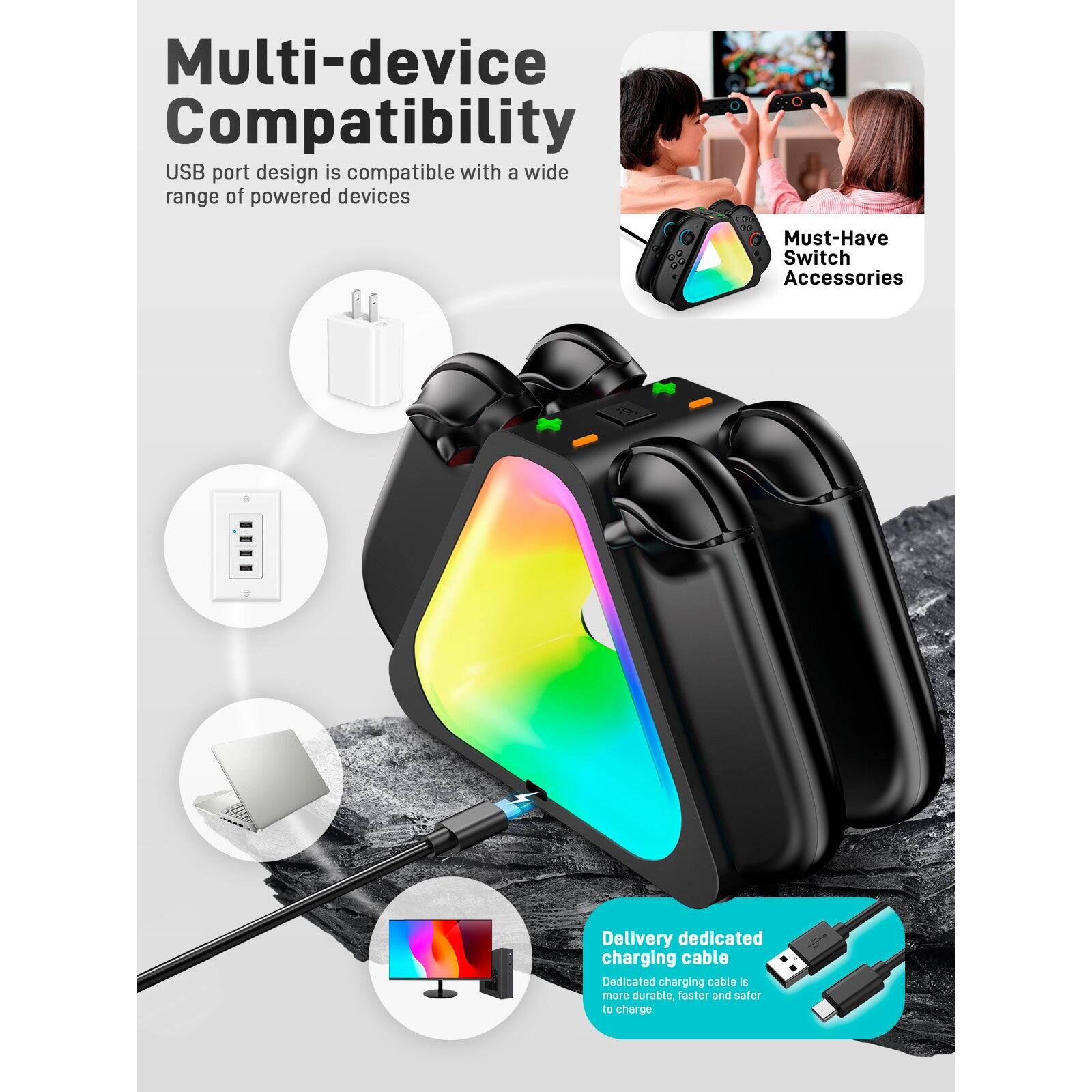 Multi-device Compatibility  
USB port design is compatible with a wide range of powered devices  

Must-Have Switch Accessories  

Delivery dedicated charging cable  
Dedicated charging cable is more durable, faster and safer to charge