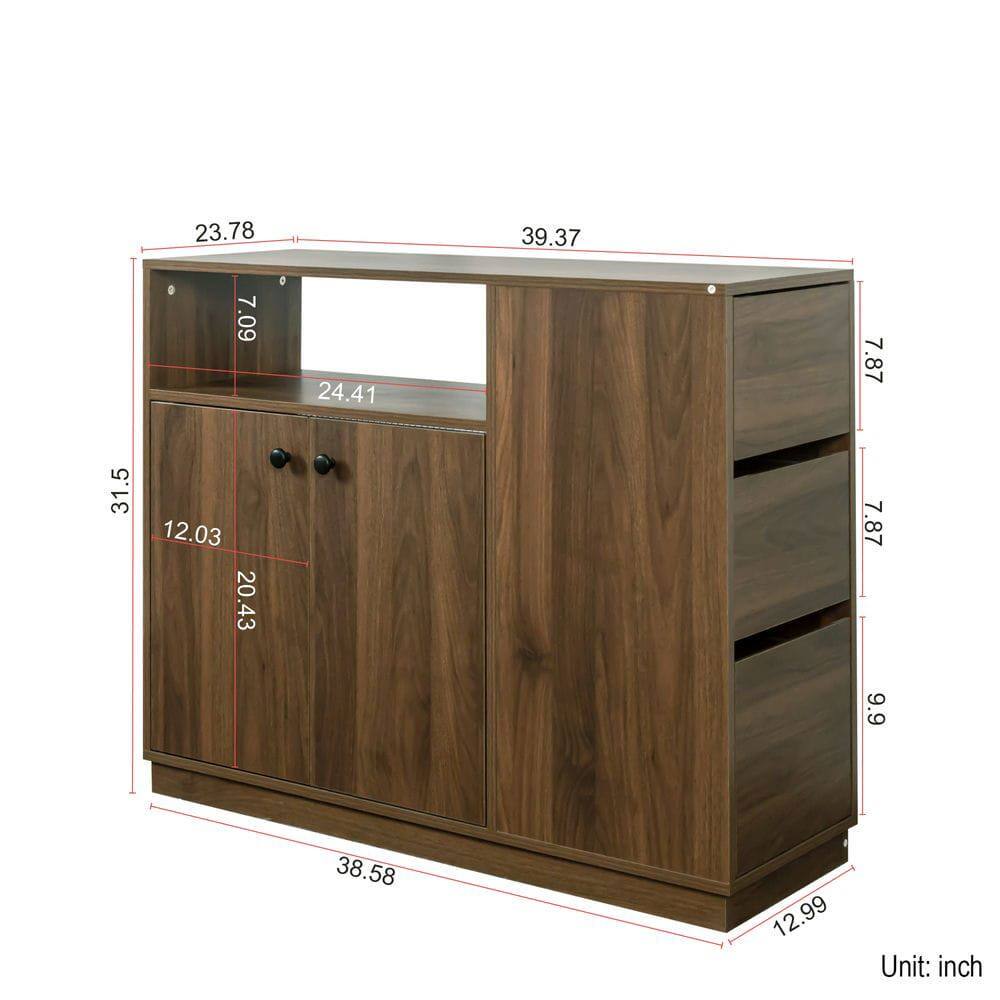 Left. Kadyn - Kitchen Sideboard, Tabletop Cabinet with 2 Glass Sliding Door,3 Side Drawers and 1 small display shelves, Brown - Brown.