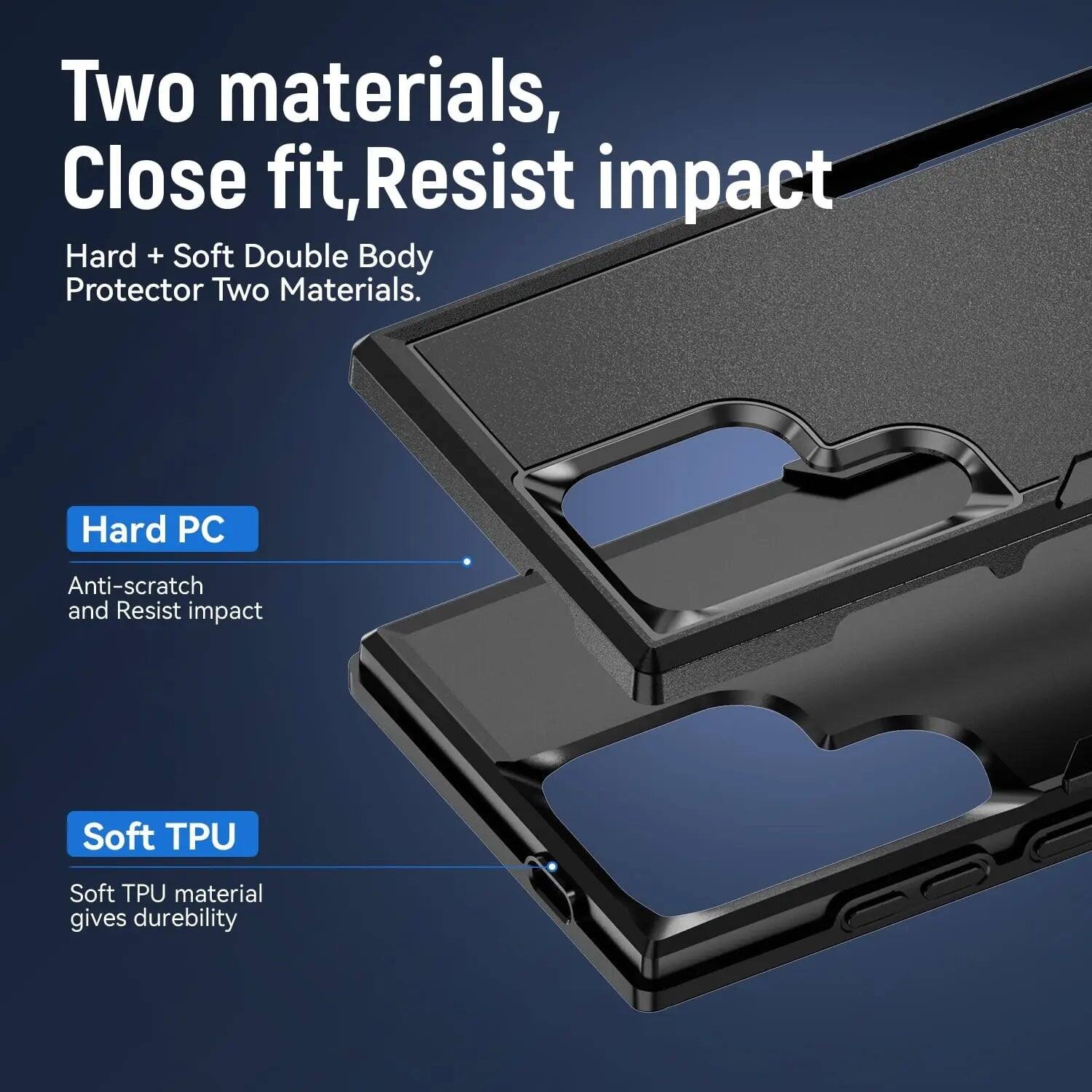 Two materials, Close fit, Resist impact  
Hard + Soft Double Body Protector Two Materials.  
Hard PC  
Anti-scratch and Resist impact  
Soft TPU  
Soft TPU material gives durability