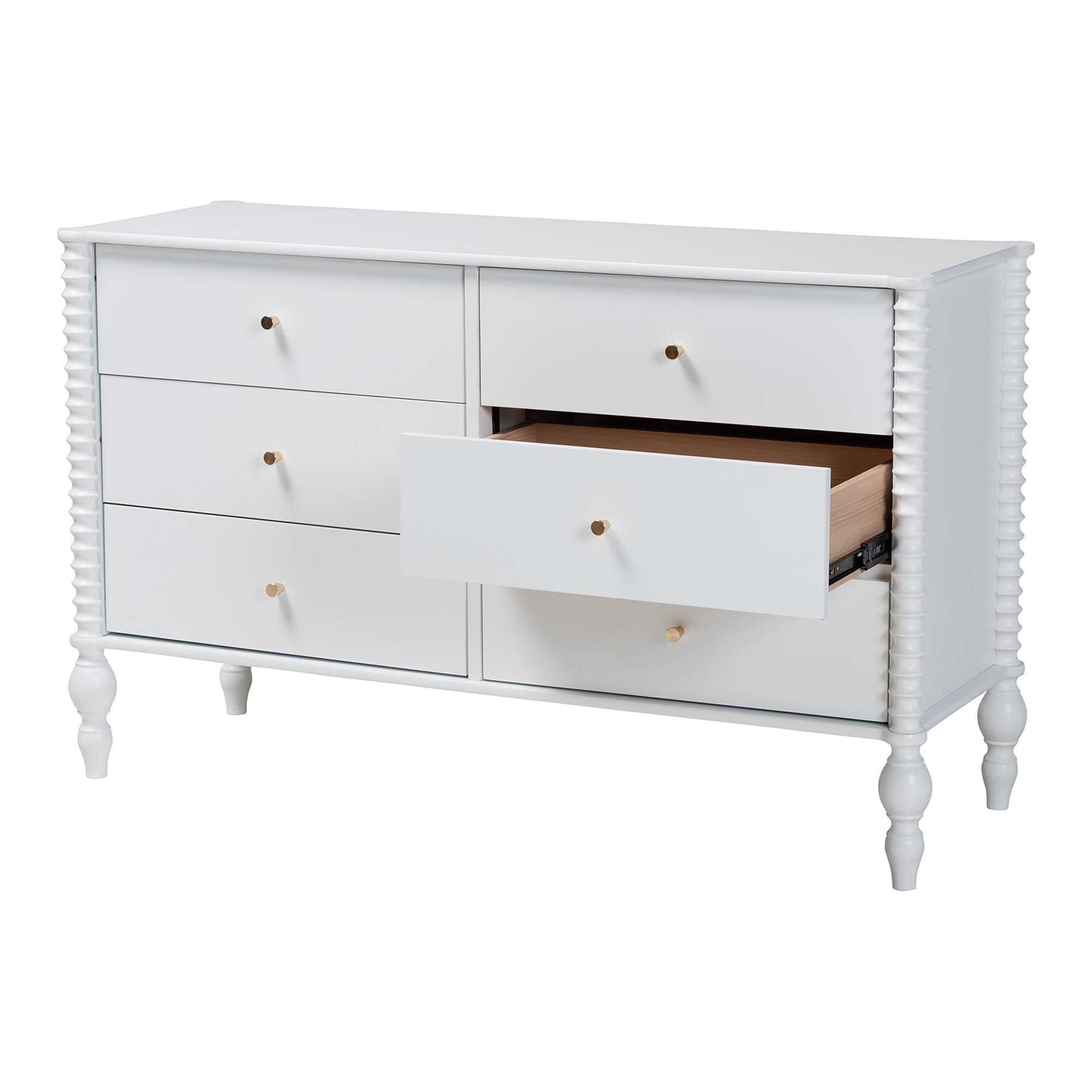 Left. Baxton Studio - Callison Spindle Dresser - 6-Drawer Farmhouse Horizontal Cabinet with Turned Accents for Bedroom, - White.