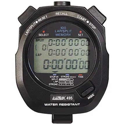 RECALL RESET START LAP/SPLIT 100 STOP LAP/SPLIT SELECT MEMORY SET SPLIT 0:00'00"00" LAP 0:00'00"00" D000000 STOP-W STROKE BASES TIME SPLIT LAP STROKE LULTRAK 495 MODE WATER RESISTANT