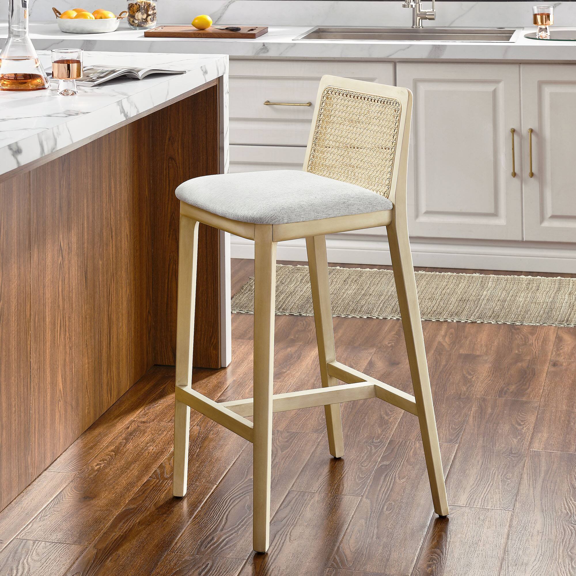 Monarch Wood and Rattan Bar Stool by Modway - Antique White Natural Heathered Weave Ivory