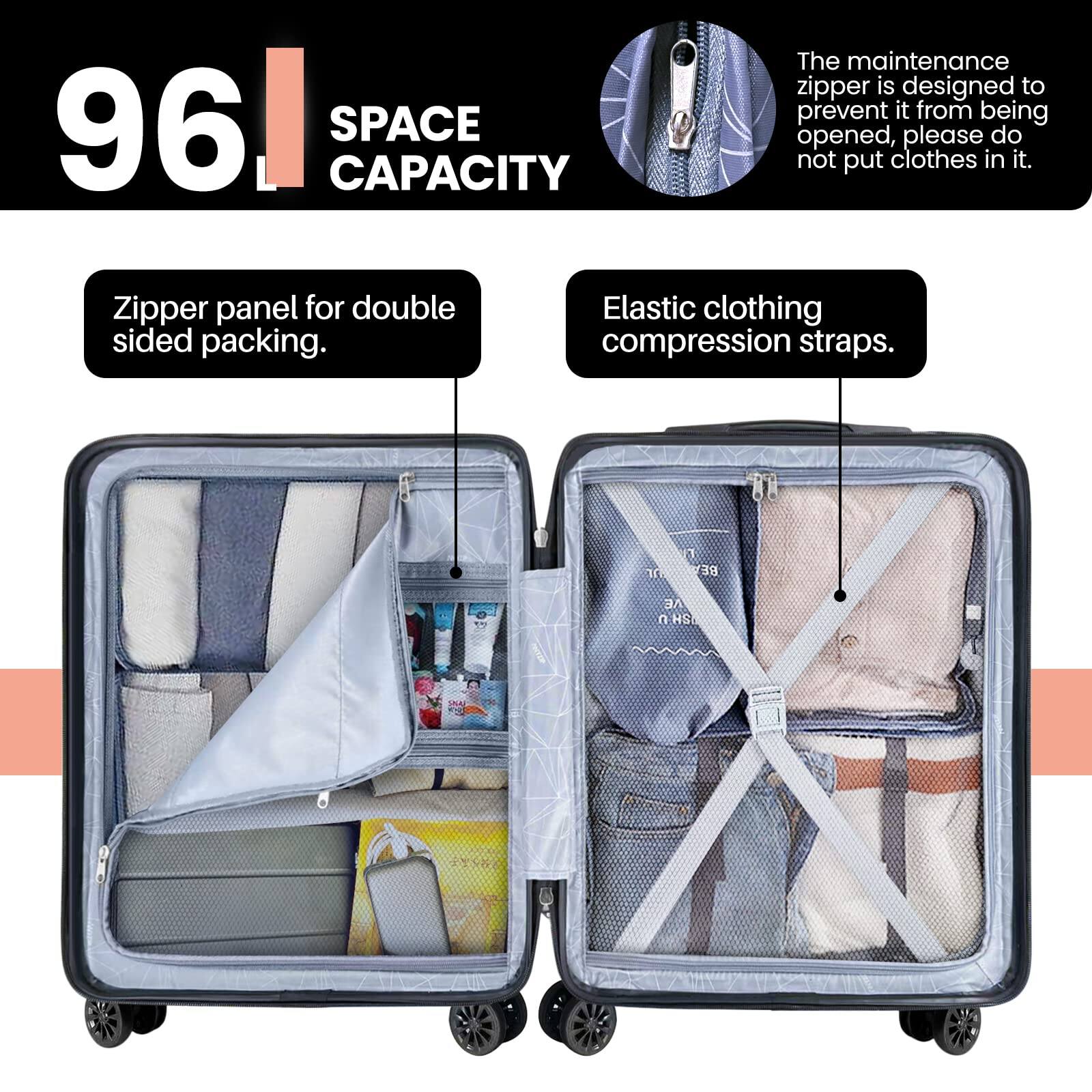 96L SPACE CAPACITY

The maintenance zipper is designed to prevent it from being opened, please do not put clothes in it.

Zipper panel for double sided packing.

Elastic clothing compression straps.