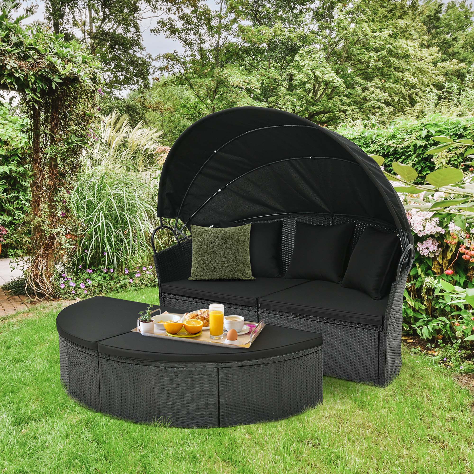 Alt View 1. Costway - Patio Round Daybed with Retractable Canopy Rattan Sectional Seating - Black.