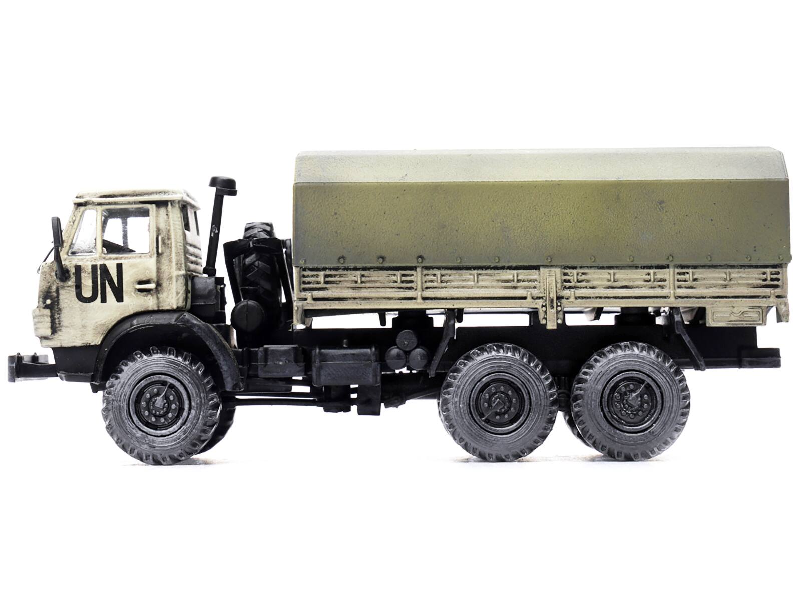 Angle. Legion - Kamaz 4310 Transport Truck Beige (Weathered) "United Nations" 1/72 Diecast Model by Legion - Beige.