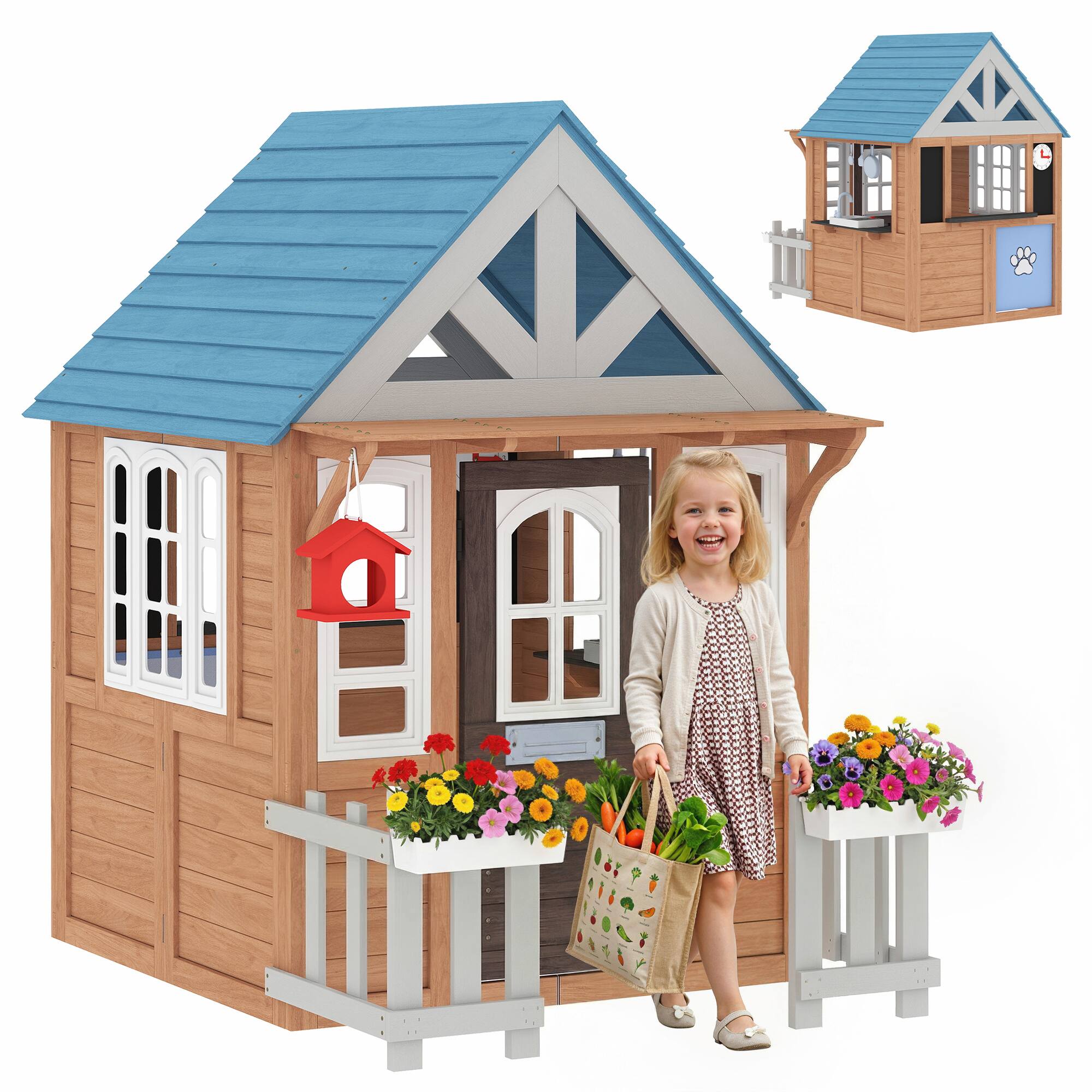 Qaba - Kids Playhouse with Pet Door, Play Kitchen, Mailbox, Doorbell, Birdhouse - Brown price history on PriceWatchPro