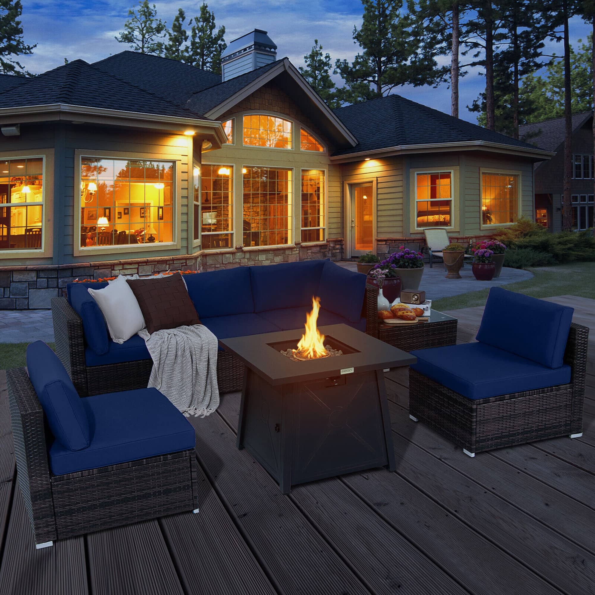 Gymax - 7PCS Rattan Patio Sectional Furniture Set w/ 30'' Fire Pit Table & Cushion - Navy price history on PriceWatchPro