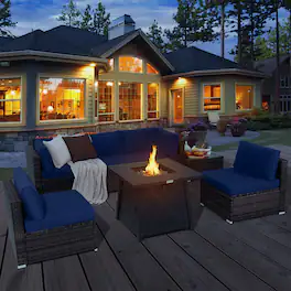 Gymax - 7PCS Rattan Patio Sectional Furniture Set w/ 30'' Fire Pit Table & Cushion - Navy