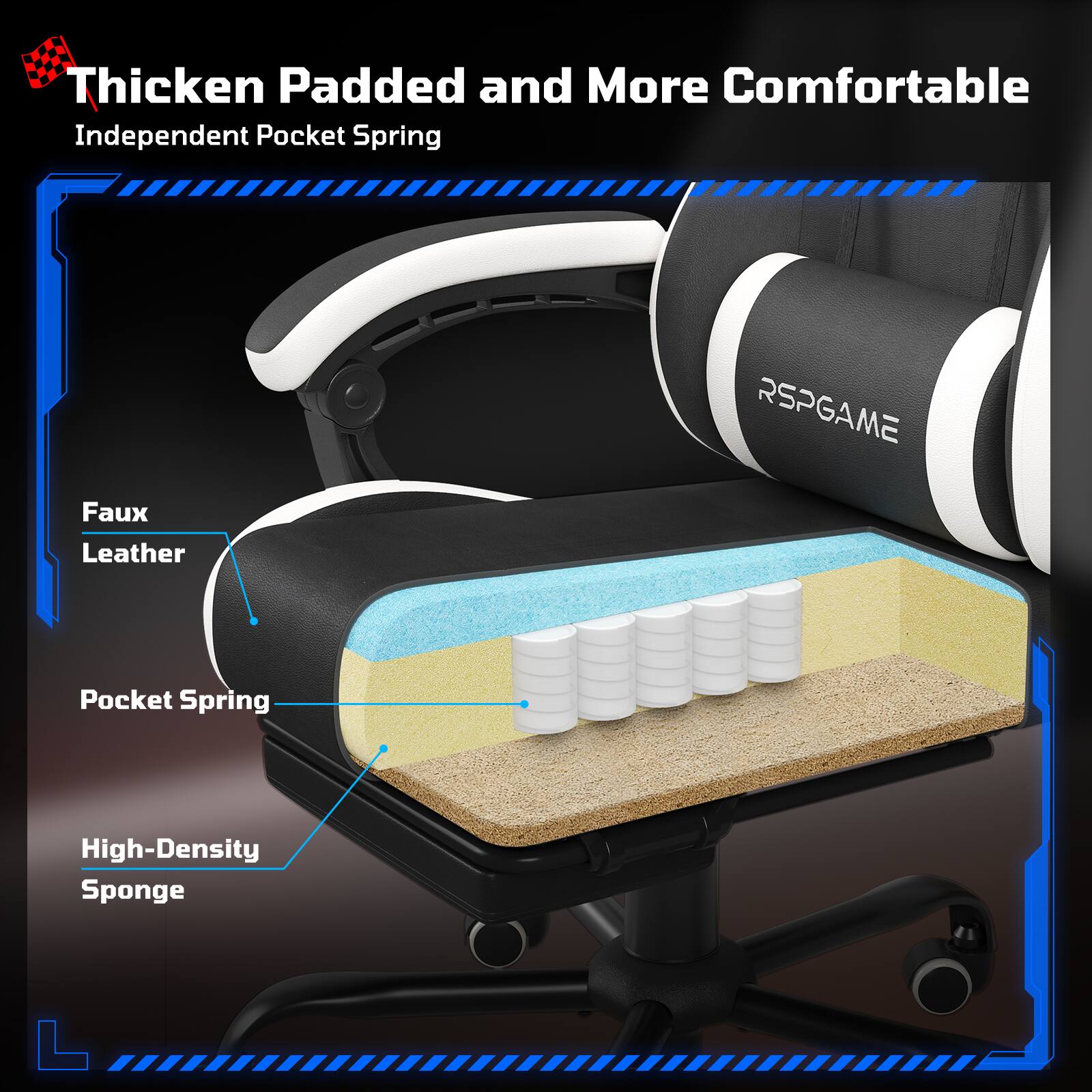 Thicken Padded and More Comfortable  
Independent Pocket Spring  

Faux Leather  
Pocket Spring  
High-Density Sponge