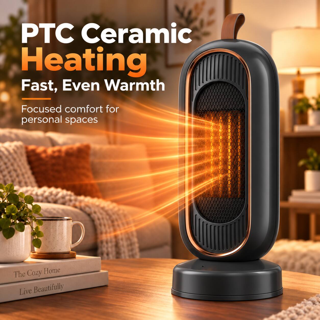PTC Ceramic Heating  
Fast, Even Warmth  
Focused comfort for personal spaces  
The Cozy Home  
Live Beautifully