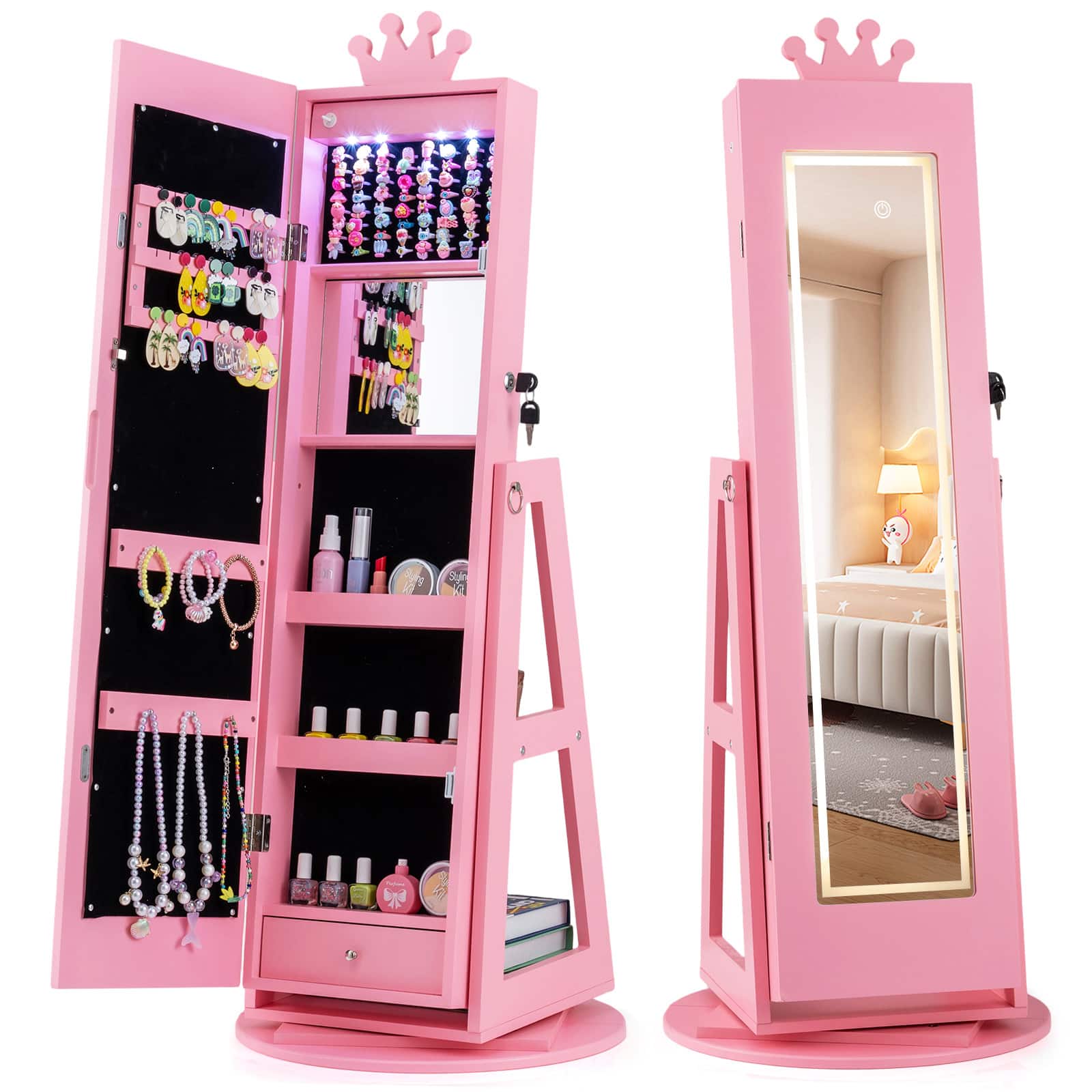 Gymax - Swivel Kids Jewelry Cabinet w/ Lights Full-Length Mirror & Built-in Mirror - Pink price history on PriceWatchPro