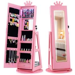 Gymax - Swivel Kids Jewelry Cabinet w/ Lights Full-Length Mirror & Built-in Mirror - Pink
