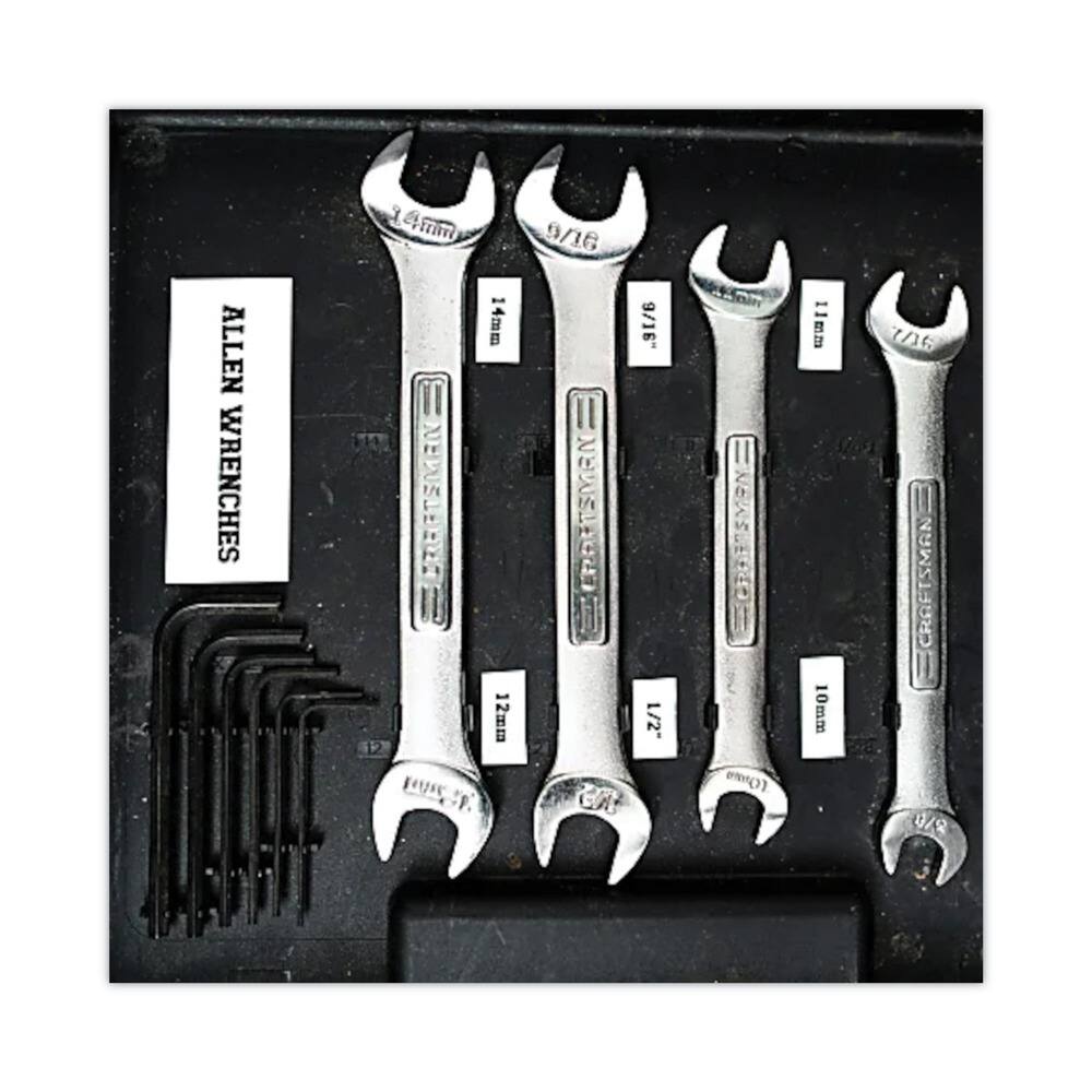 ALLEN WRENCHES

14mm  
12mm  
9/16"  
1/2"  
11mm  
10mm  
7/16"  

CRAFTSMAN  
9/16"  
1/2"  
11mm  
10mm  
7/16"