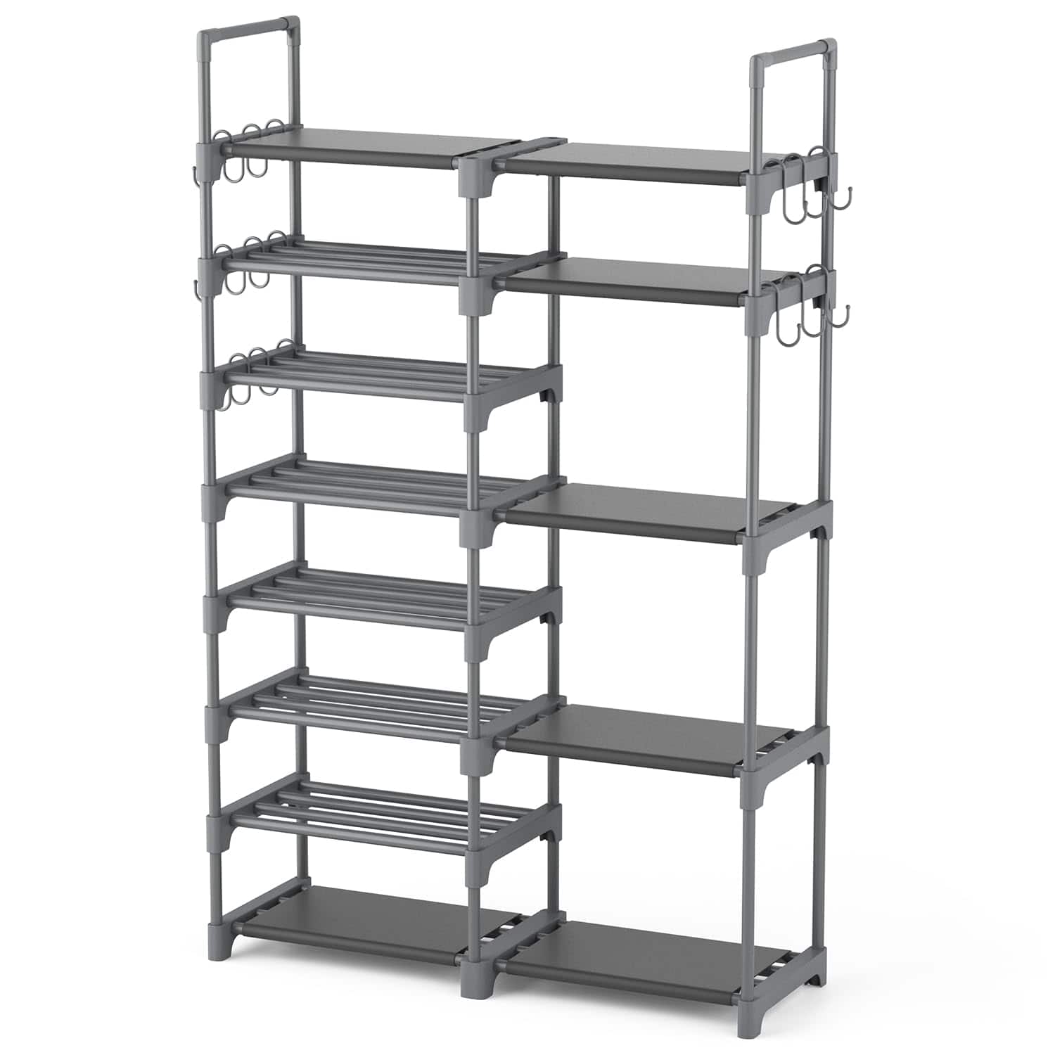 Hanke - Shoe Rack Organizer 8-tier Metal For Closet Entryway Garage 26- Tall Boot Storage Shelf With 15 Hooks - Gray