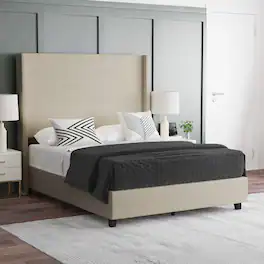 Emma + Oliver - Nora upholstered Platform Bed with Plush Padded Wingback Headboard and Wood Support Slats - No Box Spring Needed - Beige