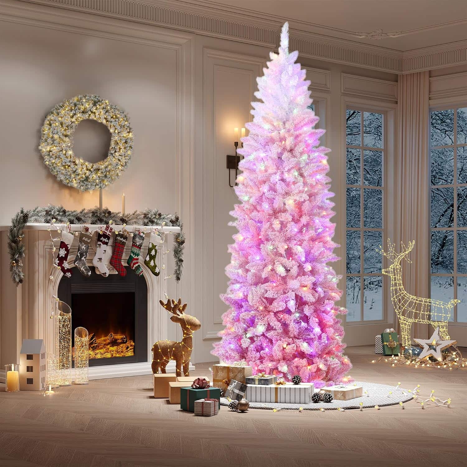 Qeetex - 7.5ft Pencil Christmas Tree, Slim Flocked Artificial Xmas Tree for Christmas Decorations - White Pink 7.5ft