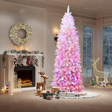 Front. Qeetex - 6.5ft Pencil Christmas Tree, Slim Flocked Artificial Xmas Tree for Holiday Decor - White Pink 6.5ft.